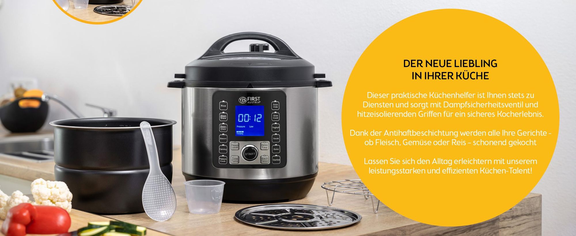 TZS First Austria Multikocher 6L, Schnellkochtopf elektrisch 1000W, 12 Programme, Timer, Edelstahl, Warmhaltefunktion, Dampfgarer, Reiskocher Silber-Schwarz
