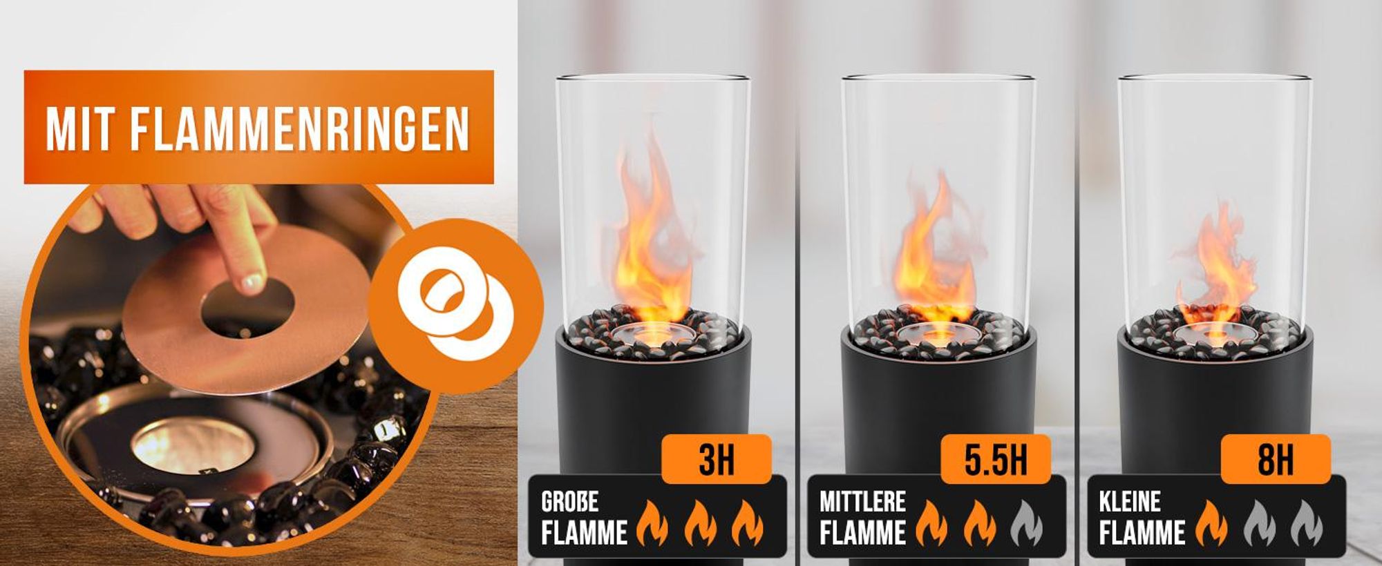 Flammtal Bioethanol Kamin [8h Brenndauer / 80x26x26 cm] – Freistehender Ethanol Standkamin für Out– & Indoor – Ethanol Kamin mit verstellbarer Flamme