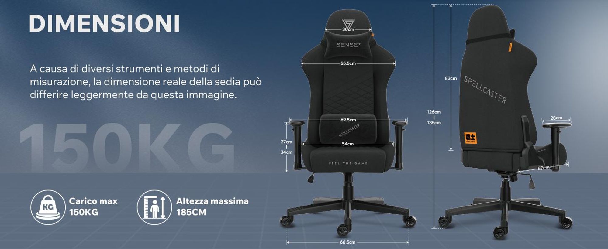 SENSE7 Spellcaster SENSHI Sedia da gaming in tessuto nero - Sedia da ufficio ergonomica, sedia da scrivania, sedia da gaming, portata 150 kg, braccioli 2D, poltrona direzionale