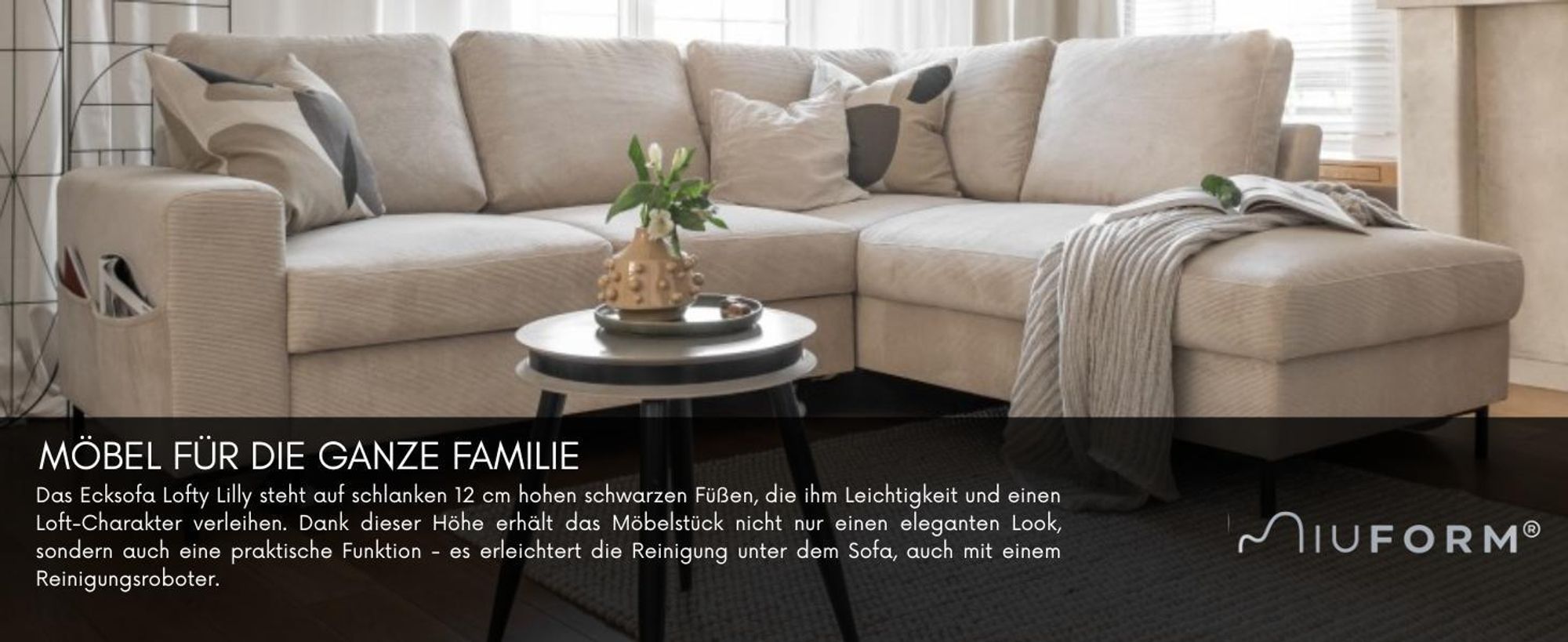 MIUFORM Lofty Lilly Ecksofa mit Bettfunktion L-FORM RECHTS– 237 x 197 cm - Beige - Sofa Schlafsofa Couch