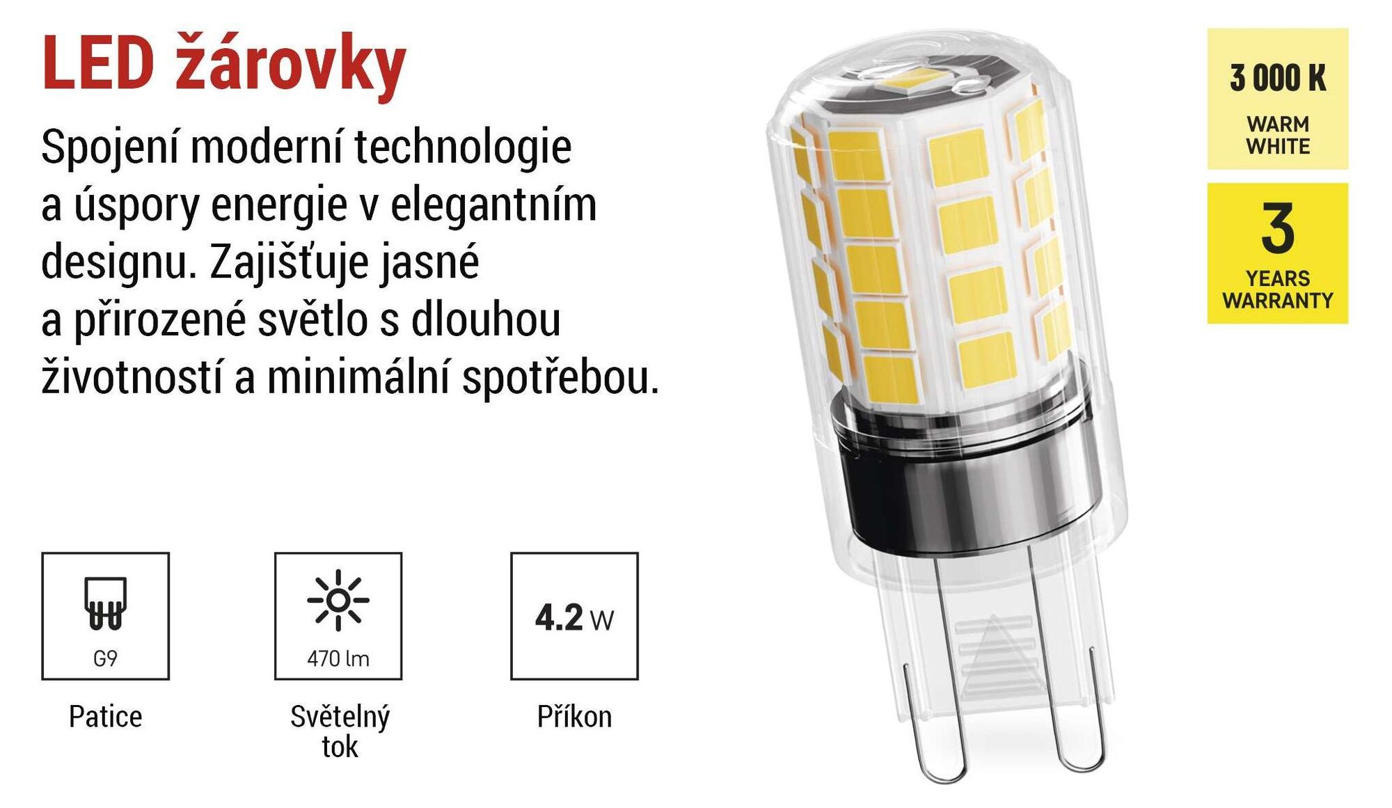 EMOS G9 LED žárovka CLASSIC, 2 ks, 4,2 W nahrazuje 40W halogenovou žárovku, patice G9 JC, jas 470 lm, teplá bílá 3000 K, dlouhá životnost, ZQ9E22.2