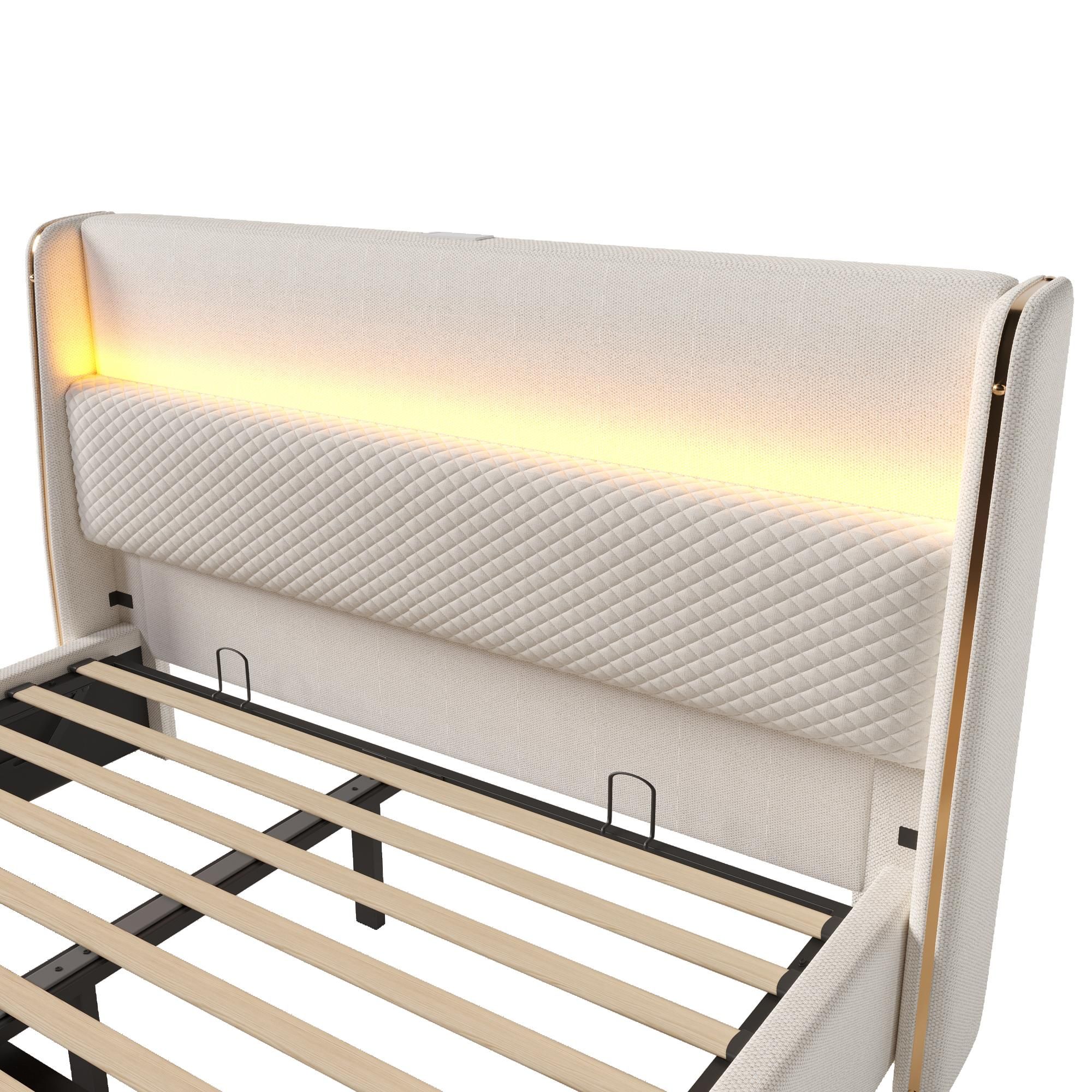 Flieks Hydraulisches Polsterbett 180x200cm mit USB/Type-C-Anschlüssen, Stauraumbett Doppelbett Jugendbett mit Led, Leinen, Beige
