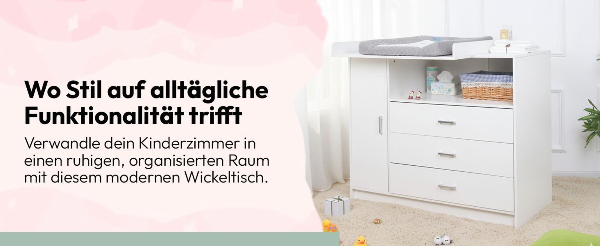 Wickelkommode Wickeltisch Baby Kommode aus Holz mit Wickelaufsatz, 3 Schubladen, 1 Tür, 100 cm Höhe in Weiß, Wickeltisch 113 x 100 cm