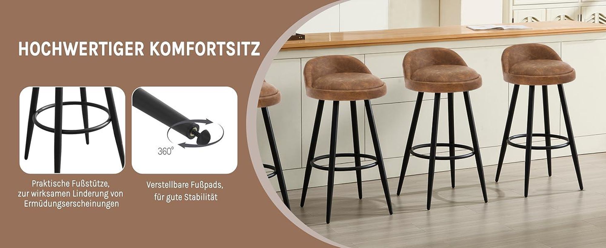 WOLTU Barhocker 2er Set Barstuhl Hocker Tresenhocker Bistrohocker Designer Hocker mit Lehne und Fußstütze Farbe: braun