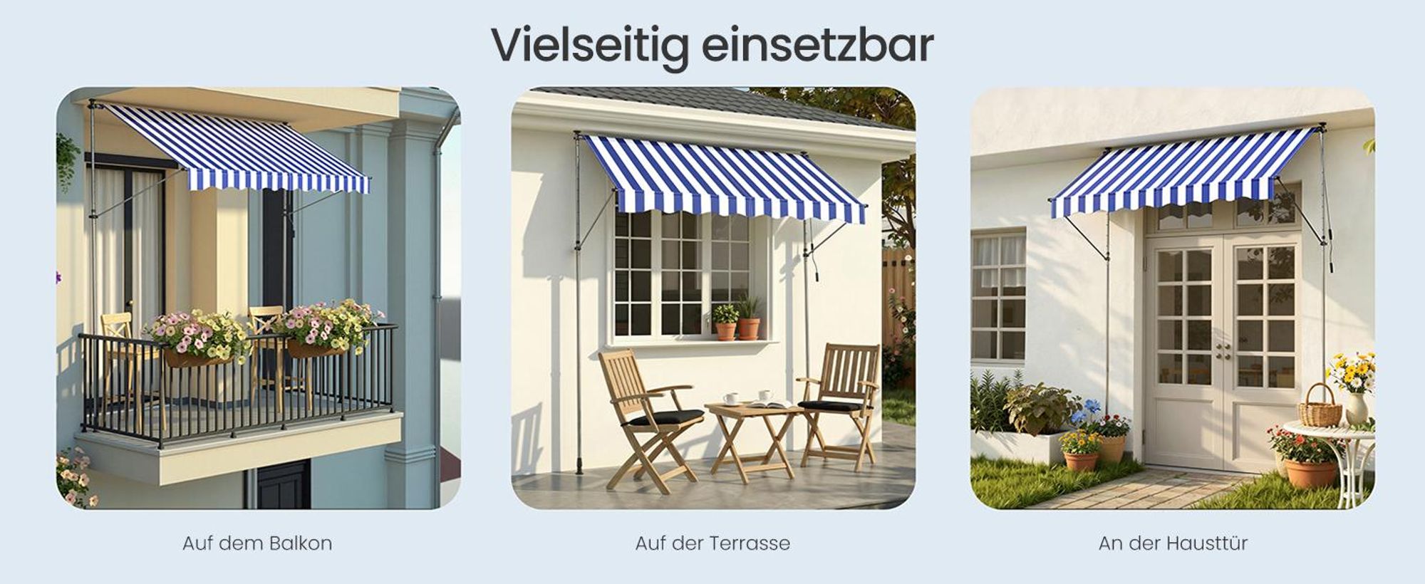 SONGMICS Klemmmarkise höhenverstellbar, Balkonmarkise mit Handkurbel, für Terrasse, Garten, 250 x 120 cm, blau-weiß