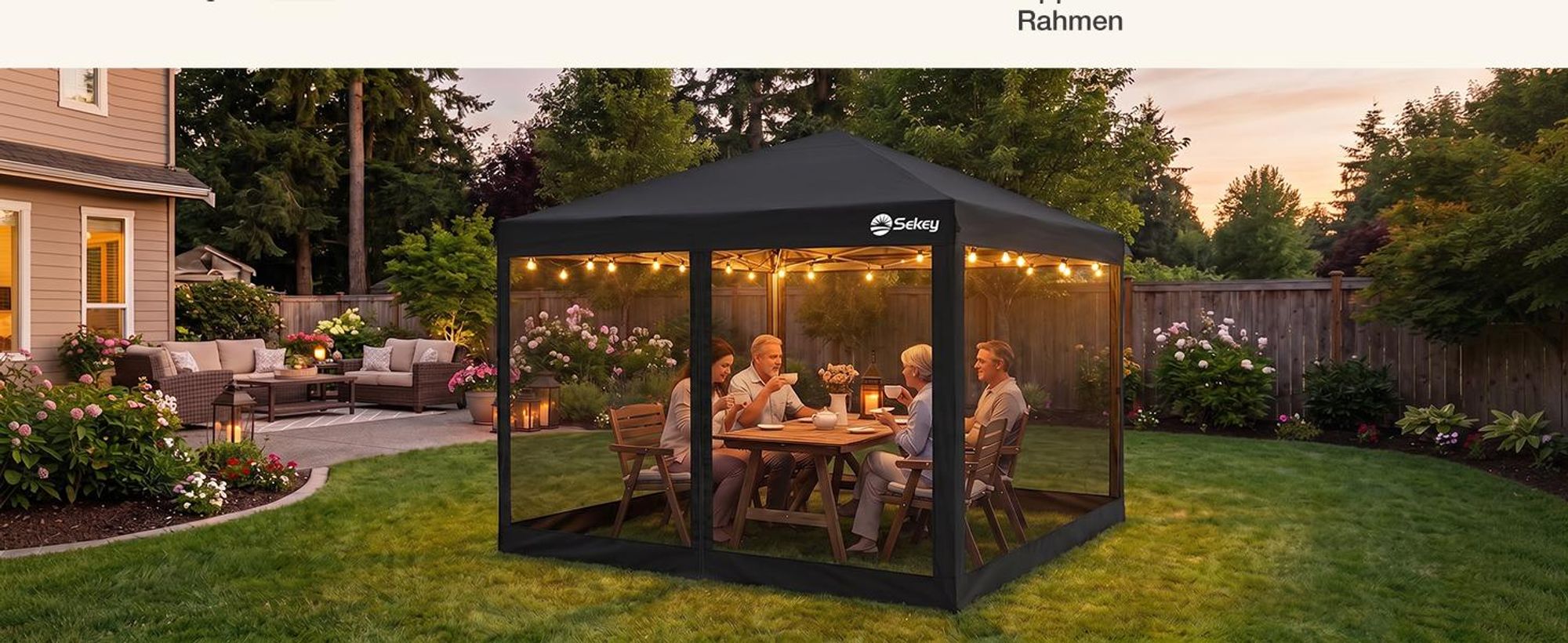 Sekey Faltpavillon 3x3m Pop Up Pavillon mit Moskitonetz, Wasserdichter Gartenpavillon höhenverstellbar inkl. 4 Sandsäcke für Garten Party Camping