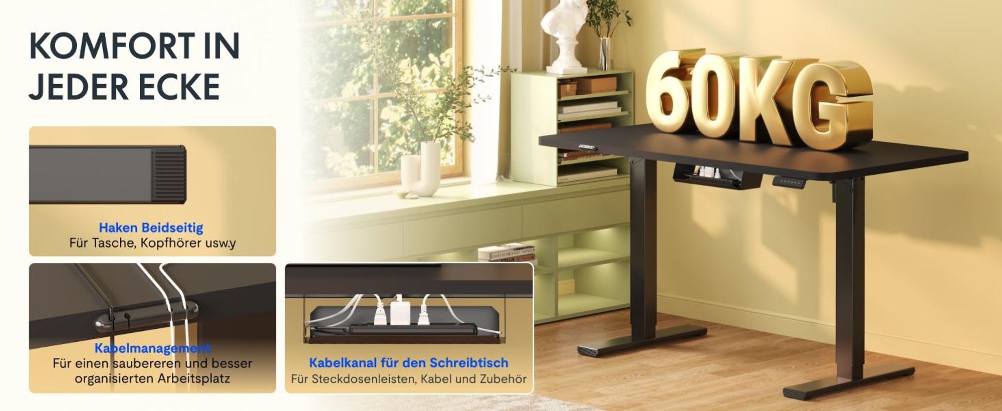 FLEXISPOT EN1 Höhenverstellbarer Schreibtisch 100x60cm elektrisch mit einteiliger Tischplatte, Kabelmanagement & Ablagefach, 4 Memory-Funktion Schwarz