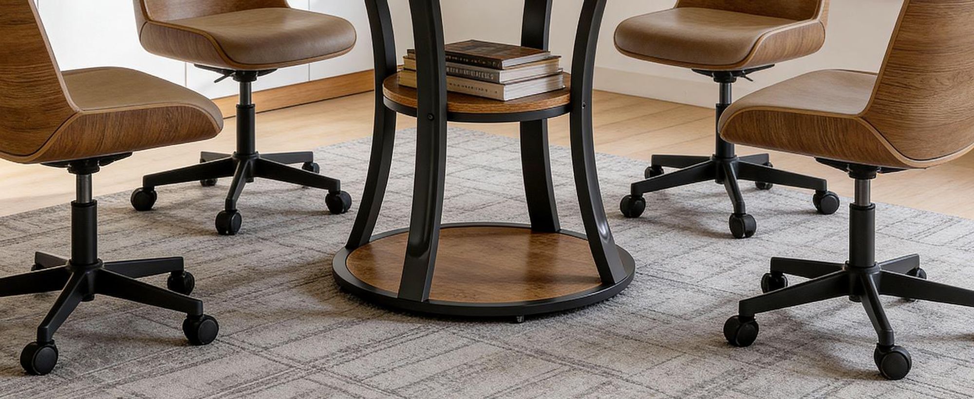 Tribesigns Runder Schreibtisch, 100 cm, 2-4 Personen, moderner Besprechungstisch mit 2-stufigem Ablagefach, Metallgestell, Büro, Konferenzraum, Braun