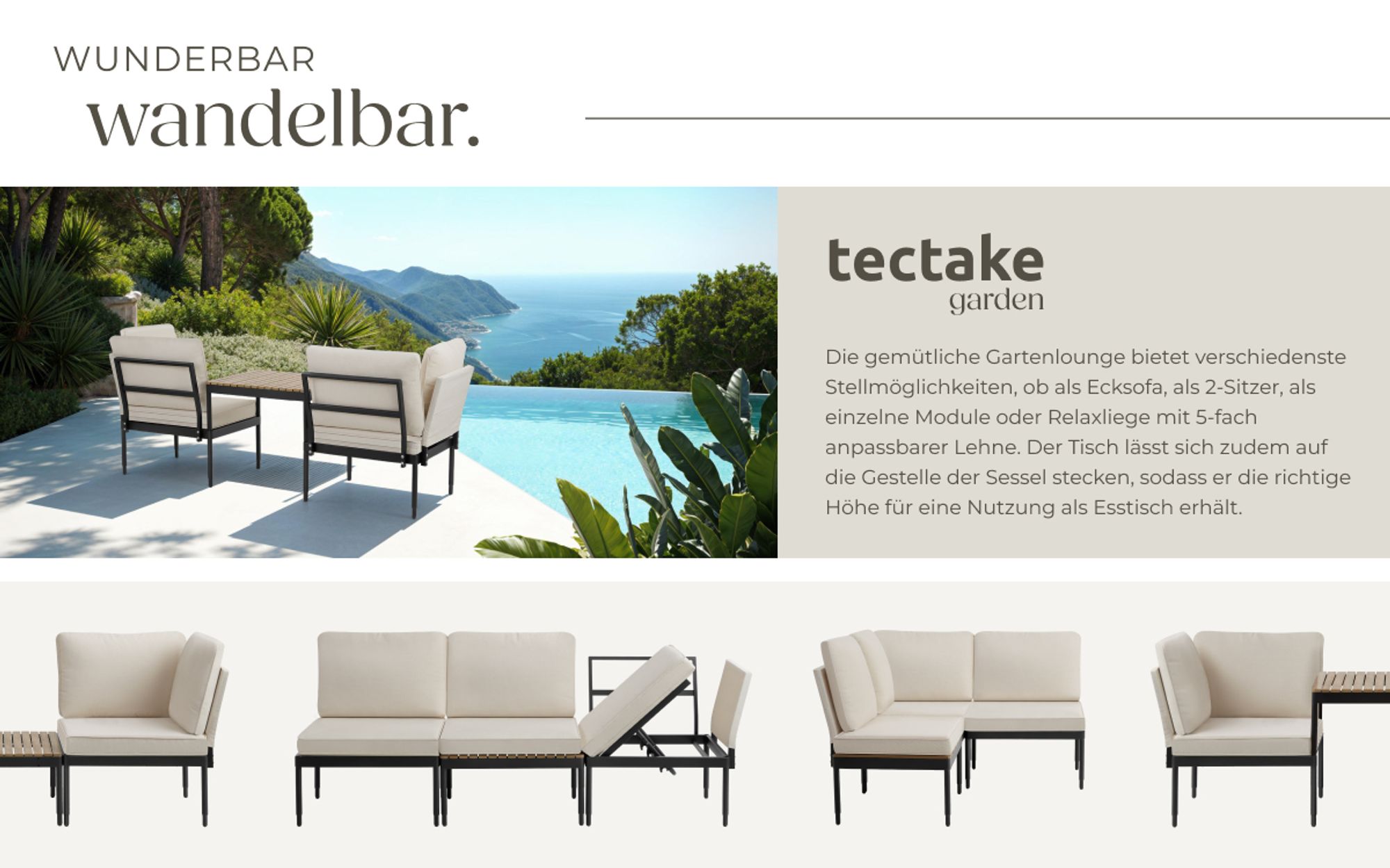 tectake® Aluminium Gartenlounge-Set Magaluf 5 in 1 Funktion, 5-fach verstellbare Lehne, dicke Polsterung