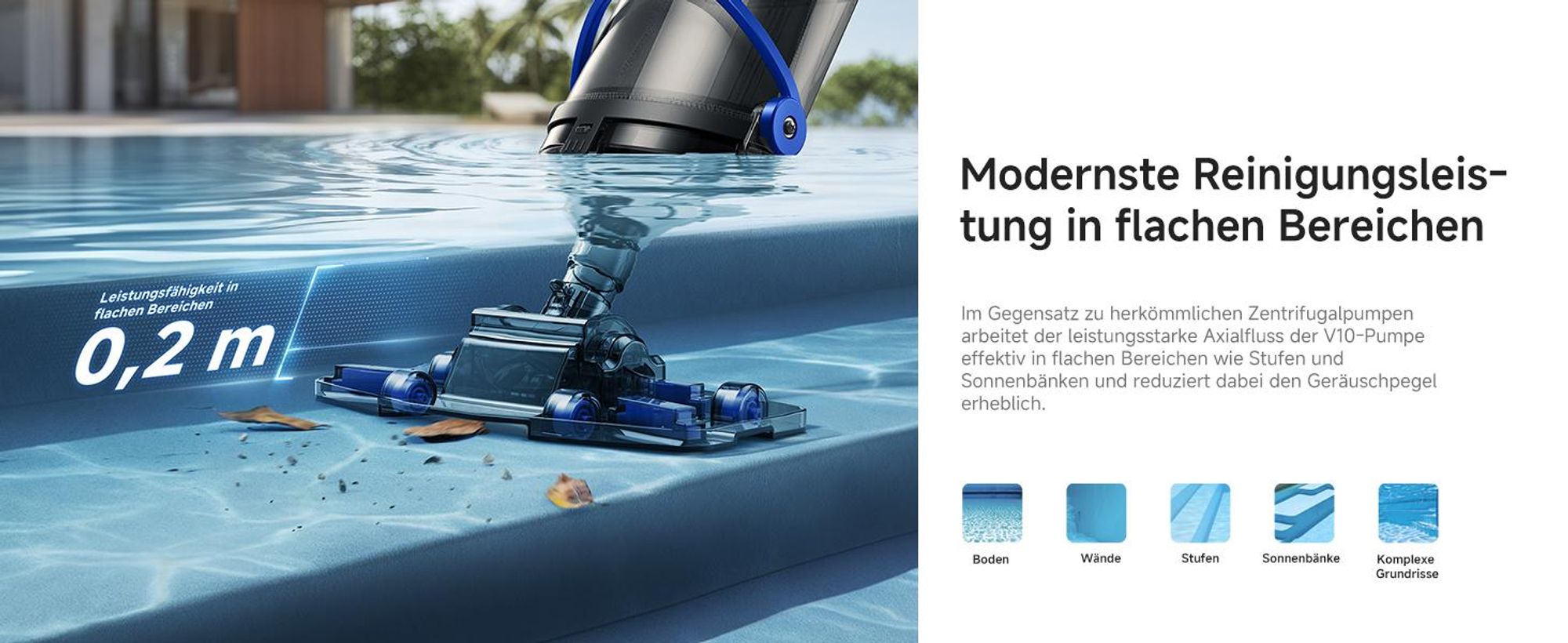 MOVA Handler V10 Kabelloser Poolsauger, 4.200 L/h Saugleistung, 60 Min Laufzeit, Transparenter Saugkopf, 1,8 m Teleskopgriff