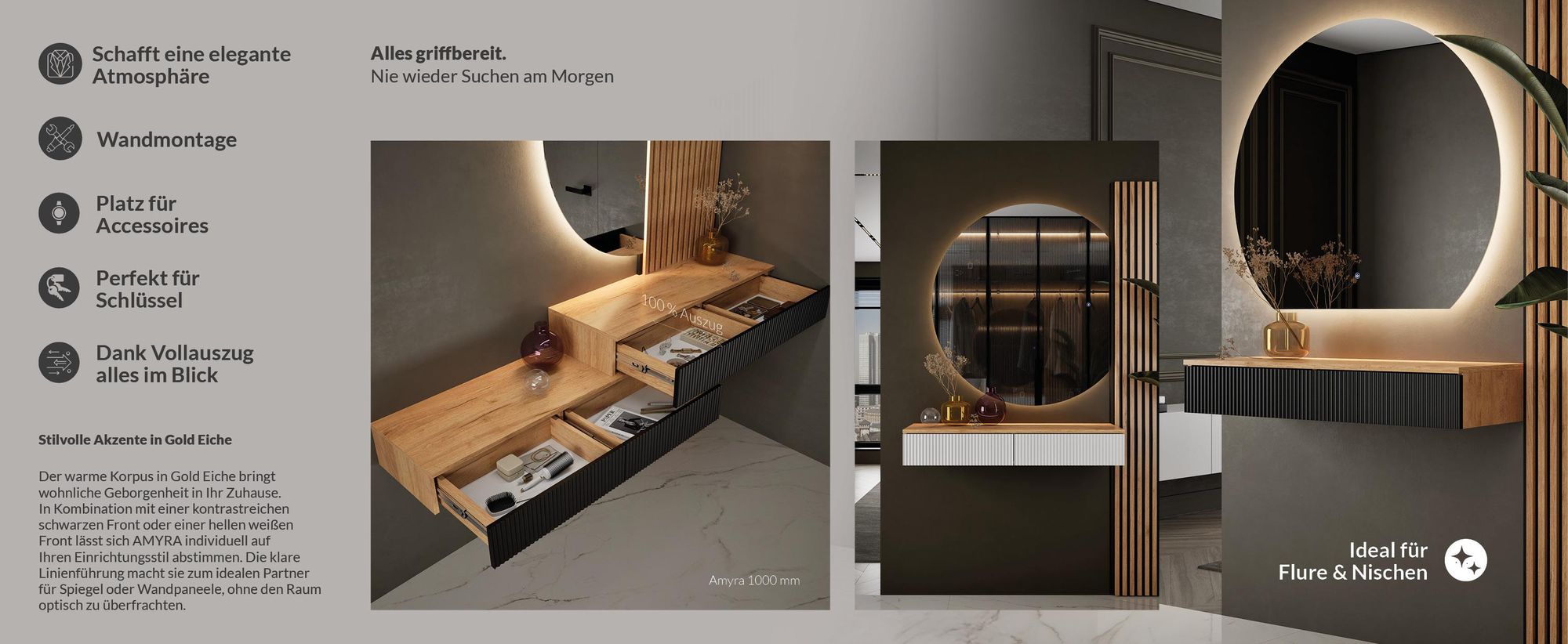 Planetmöbel Amyra Konsolentisch schmal 100 cm für Garderobe, Flur und Schminktisch, weiß