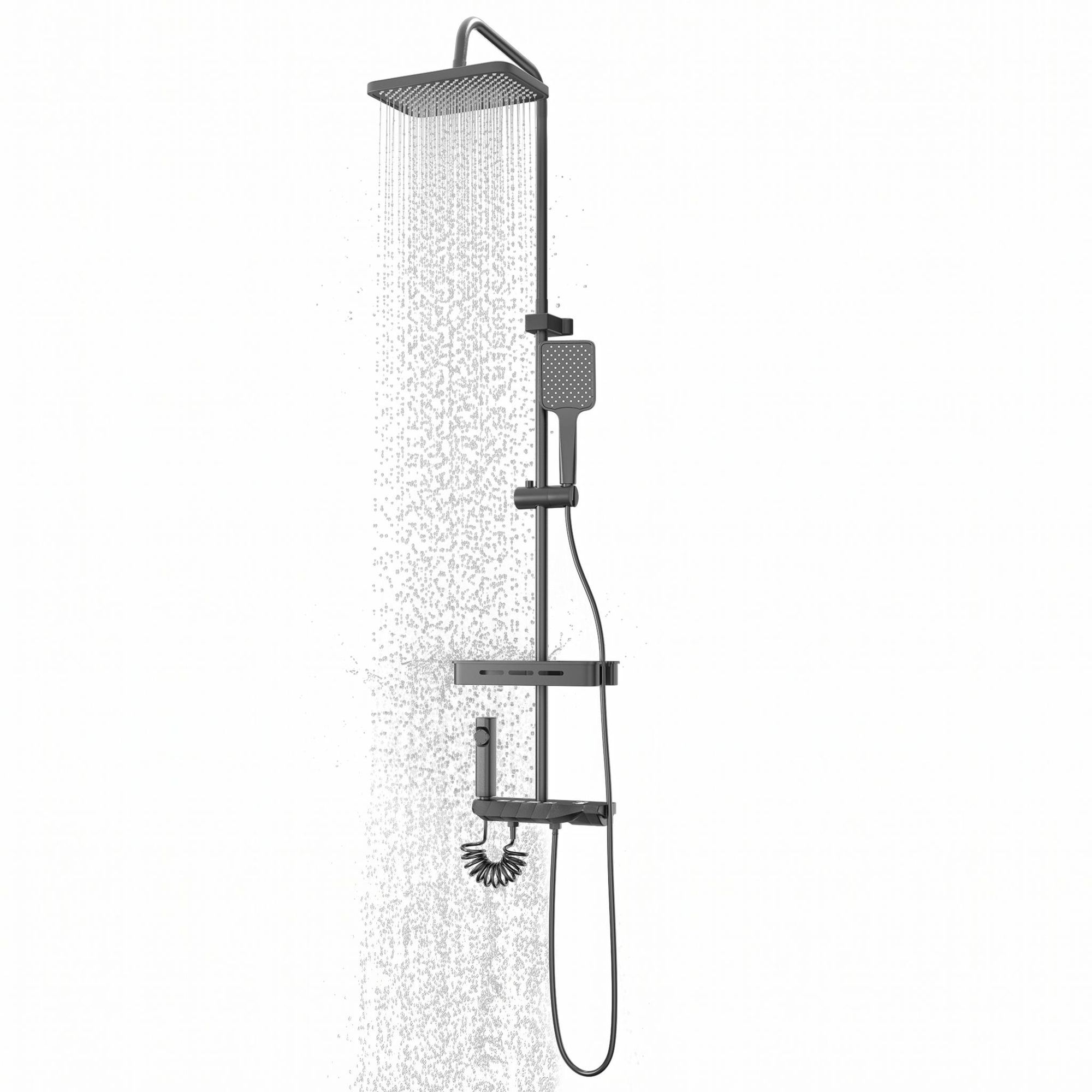 ROSEJANE Duscharmatur Komplettset mit Klavierknopf, höhenverstellbar 103–130 cm, Regendusche 27 × 17,5 cm, 2 Handbrausen, Ablage, Grau