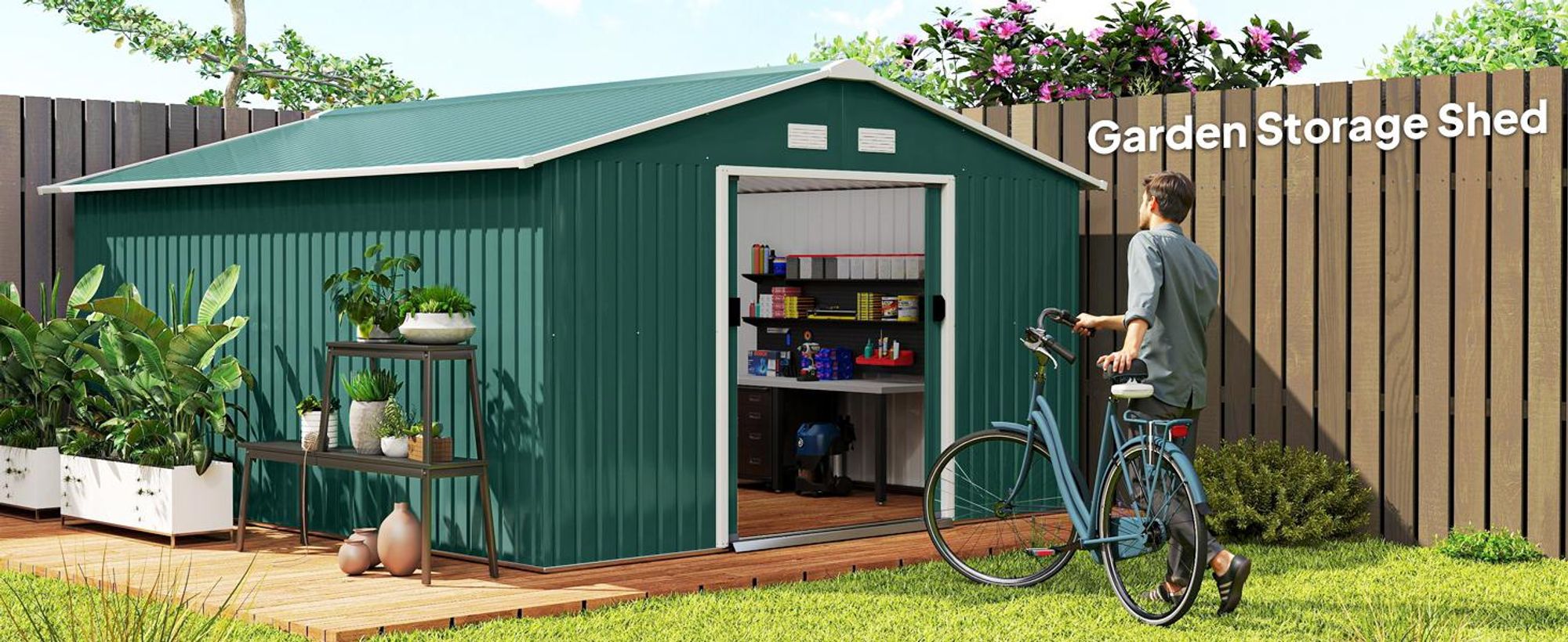 Domek ogrodowy Outsunny 12,4 m², z dachem dwuspadowym, drzwiami przesuwnymi, fundamentem, 386 x 340 x 200 cm, ocynkowany stalowy domek narzędziowy, odporny na warunki atmosferyczne, do ogrodu, ciemnozielony