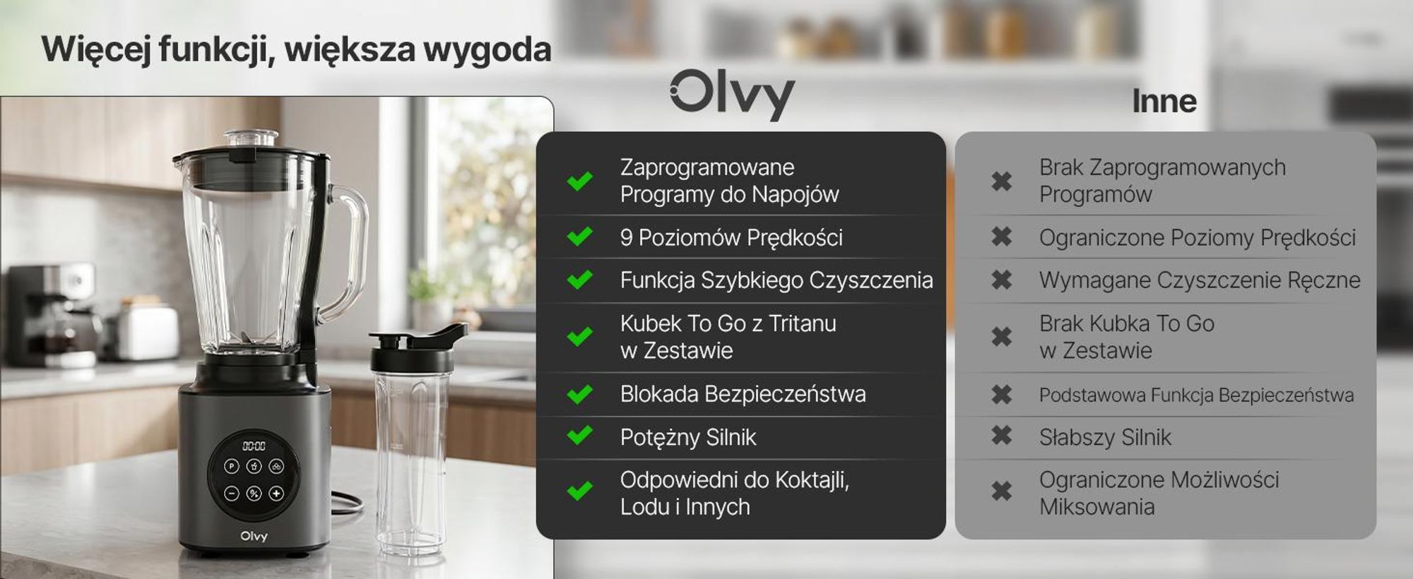 Blender kielichowy Olvy 1000W, dzbanek szklany 1,5L, kubek Tritan 600ml, 9 prędkości, Pulse, kruszenie lodu Funkcja smoothie i koktajli mlecznych