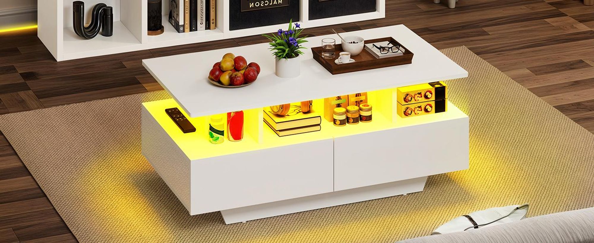 Couchtisch mit 4 Schubladen, Wohnzimmertisch, Hochglanz, mit 16-farbige LED-Beleuchtung, 90x55x41cm, Weiß