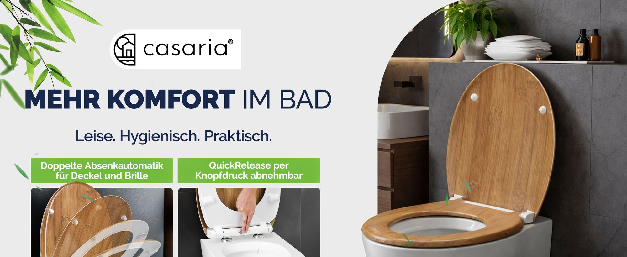 CASARIA® Toilettendeckel mit Absenkautomatik Quick Release WC Sitz Ovaler Klodeckel Verstellbar Toilettensitz bis 250kg Klobrille Bambus Holz Optik