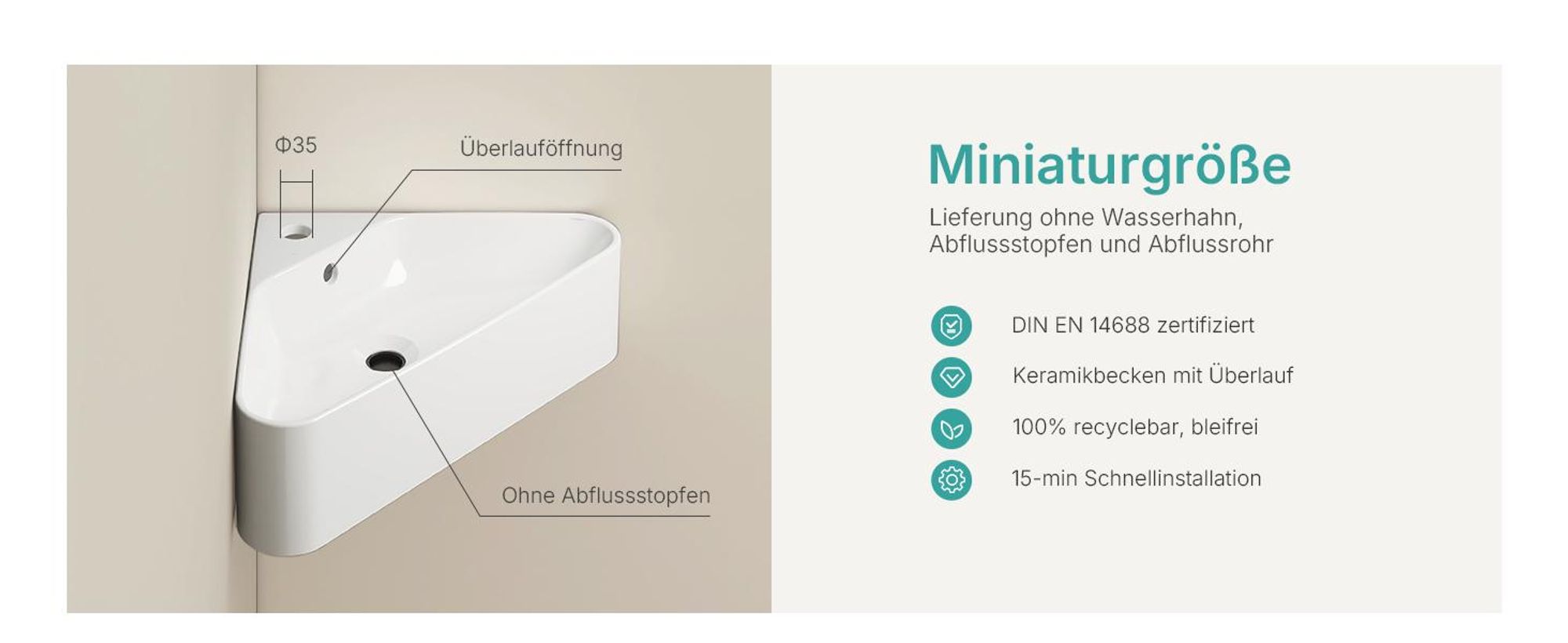 EMKE Eckwaschbecken Wandmontage Keramik 560x340mm Weiß Glänzend Dreieckig Wandwaschbecken mit Überlauf & Armaturloch für Gäste-WC & kleine Badezimmer