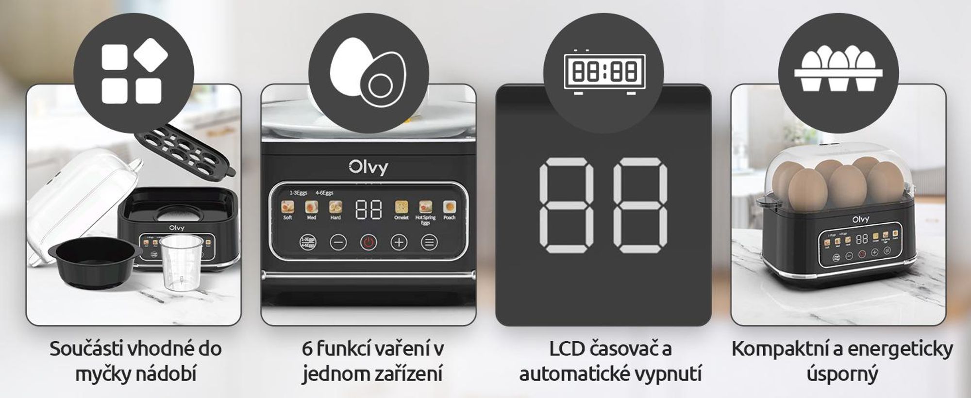 Vařič vajec Olvy na 1-6 vajec s funkcí omelety a pošírování - LCD časovač, automatické vypnutí, bez BPA, snadno se čistí, elektrický a kompaktní