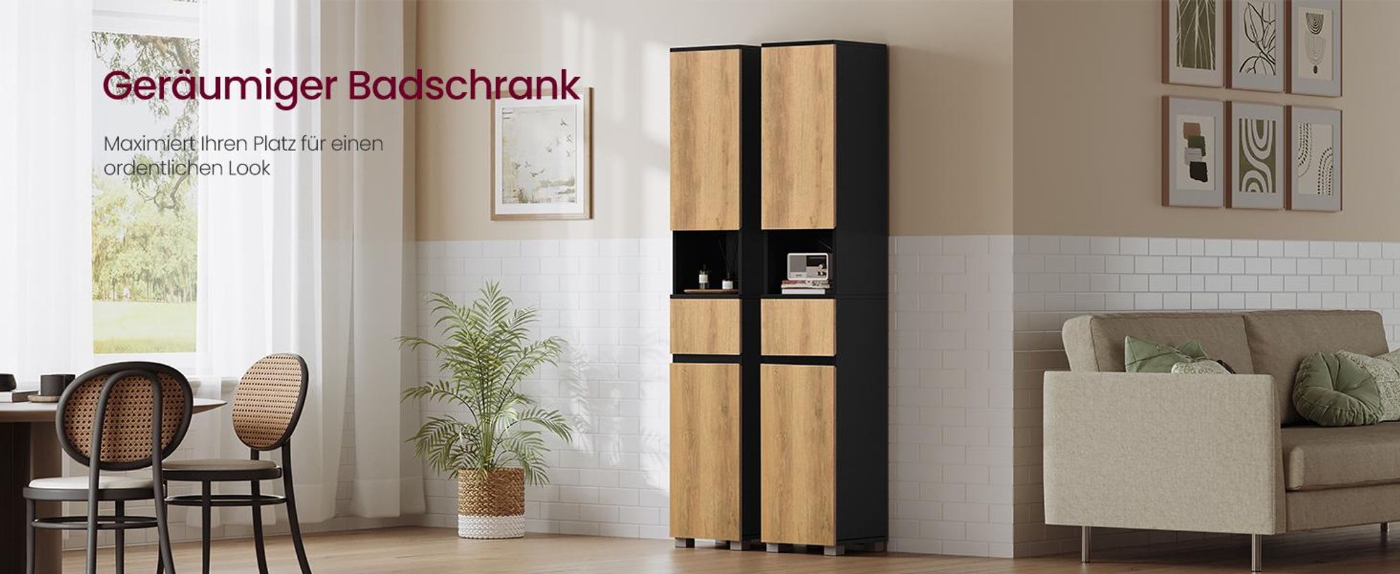 VASAGLE Badschrank, Badezimmermöbel mit Schublade, verstellbare Ablagen, offenes Fach, 30 x 30 x 170,2 cm, schwarz-braun