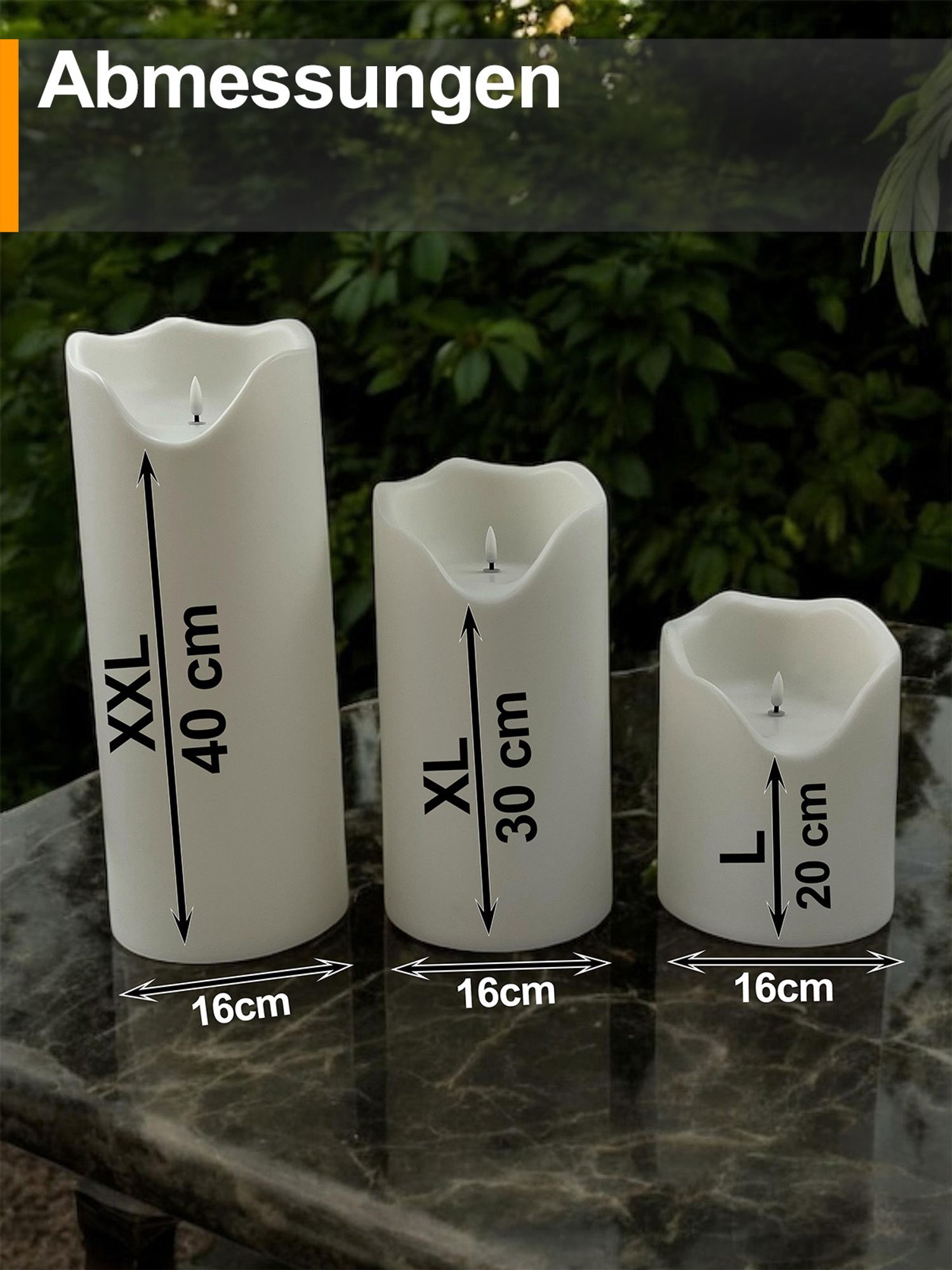 XXL Outdoor LED Kerzen 3er Set – Flackerlicht mit 3D-Effekt, IP44 wetterfest, warmweiß, Timer 6h/18h – Batteriebetrieb – 20/30/40 cm – Deko