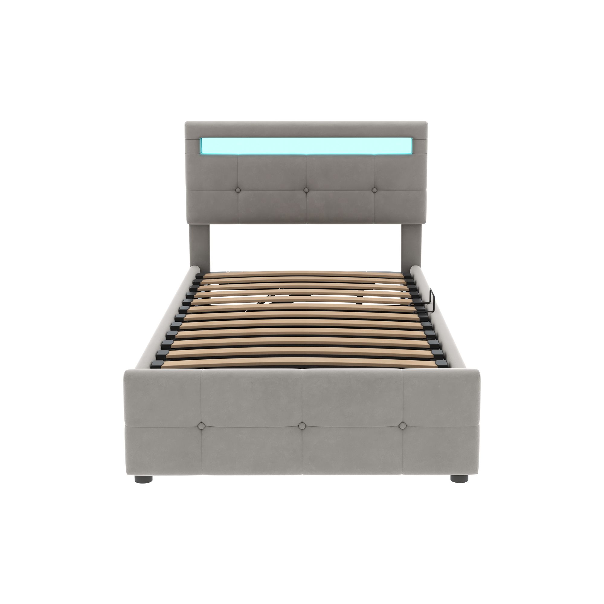 Flieks Hydraulisches Polsterbett 90x200cm mit LED, Jugendbett Einzelbett mit Lattenrost, Stauraumbett Boxspringbett höhenverstellbarem Kopfteil, Samt