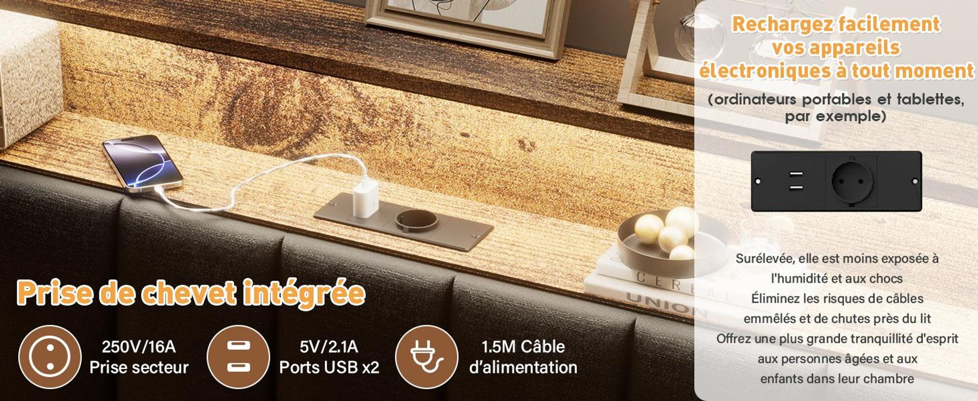 DEWINNER Cadre de lit 160 x 200 avec Sommier en métal, lit 2 Personnes, avec lumières LED et Prises Multiples (1 Prise AC, 2 Ports USB), avec casier