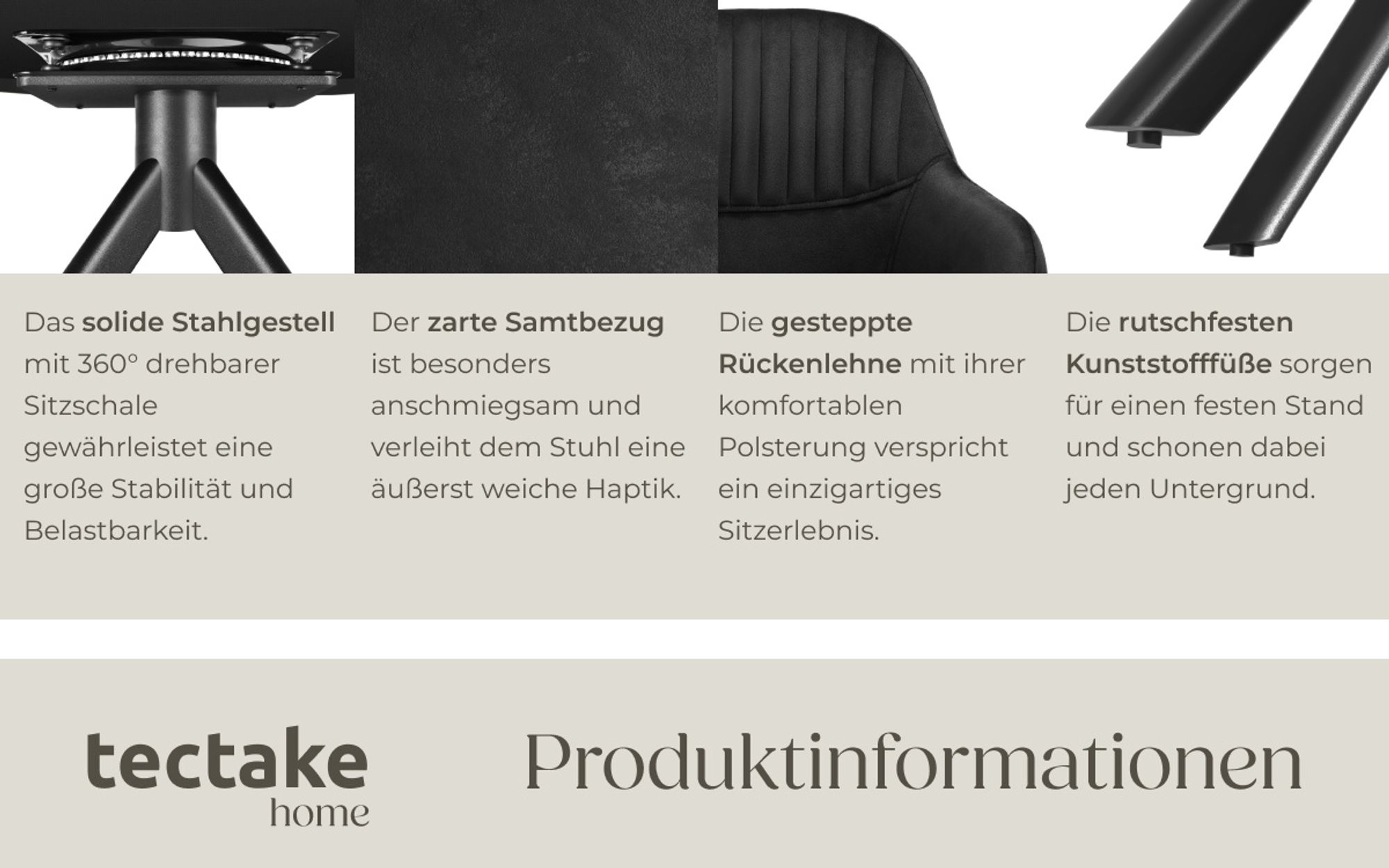 tectake® Samt-Drehstuhl Lona gepolstert 56 x 59 x 81 cm