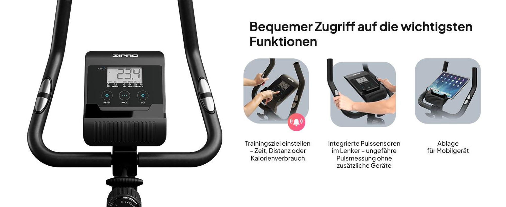 Zipro Heimtrainer Fahrrad Boost – Magnetisches Fitnessbike mit 7kg Schwungmasse Leiser Hometrainer Ergometer für Zuhause Pulsmessung, Verstellbarer