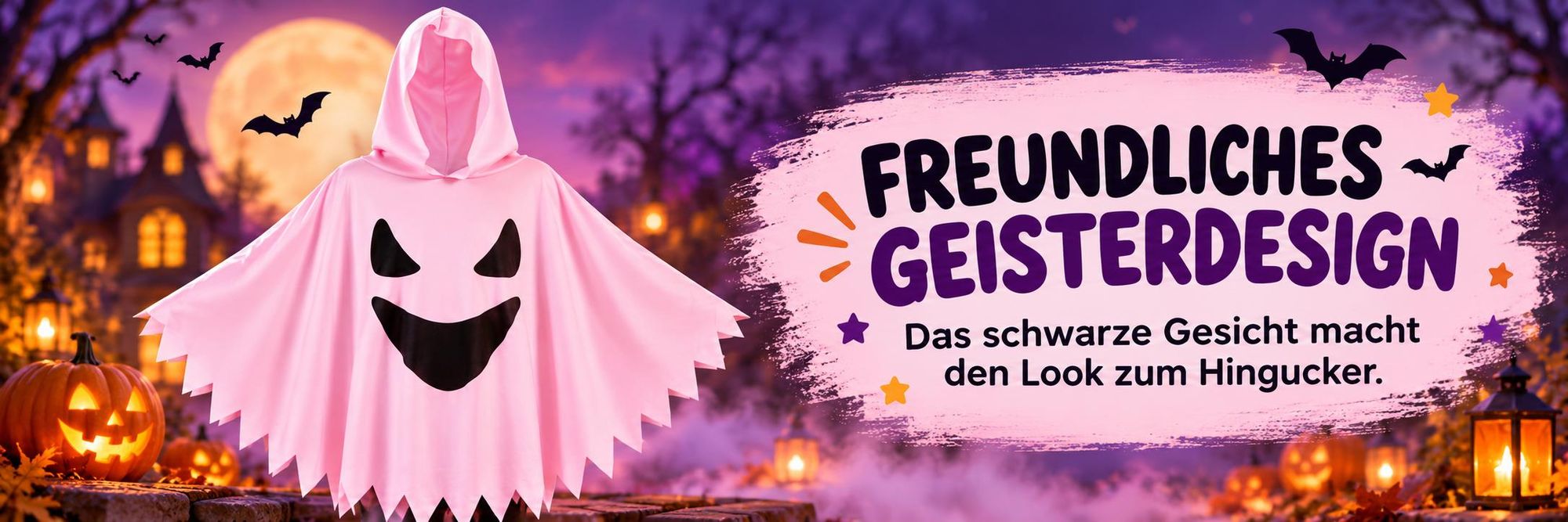 Kinder Geisterkostüm Pink mit Kapuze – Halloween Poncho für Mädchen 104/116