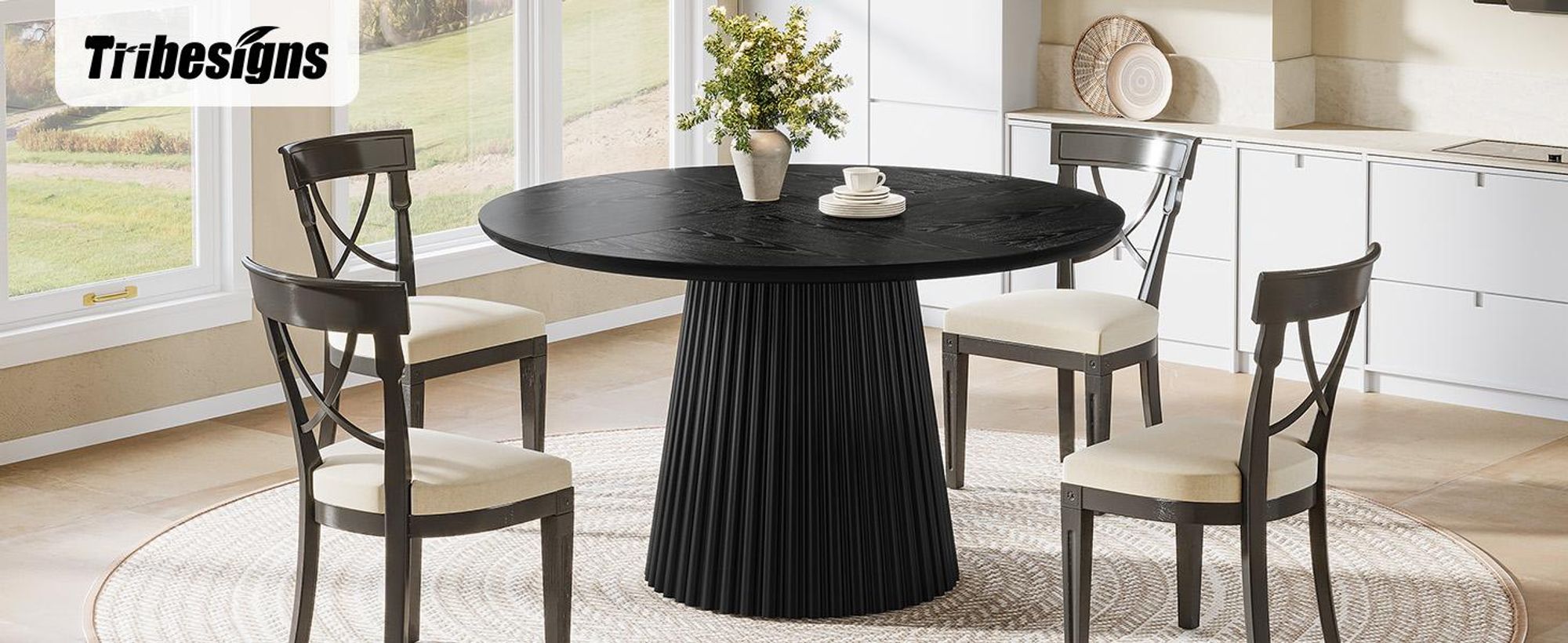 Tribesigns 120 cm runder Esstisch für 4-6 Personen, Küchentisch im Landhausstil, Esszimmertisch aus Holz mit geriffeltem Sockel für Esszimmer, Küche