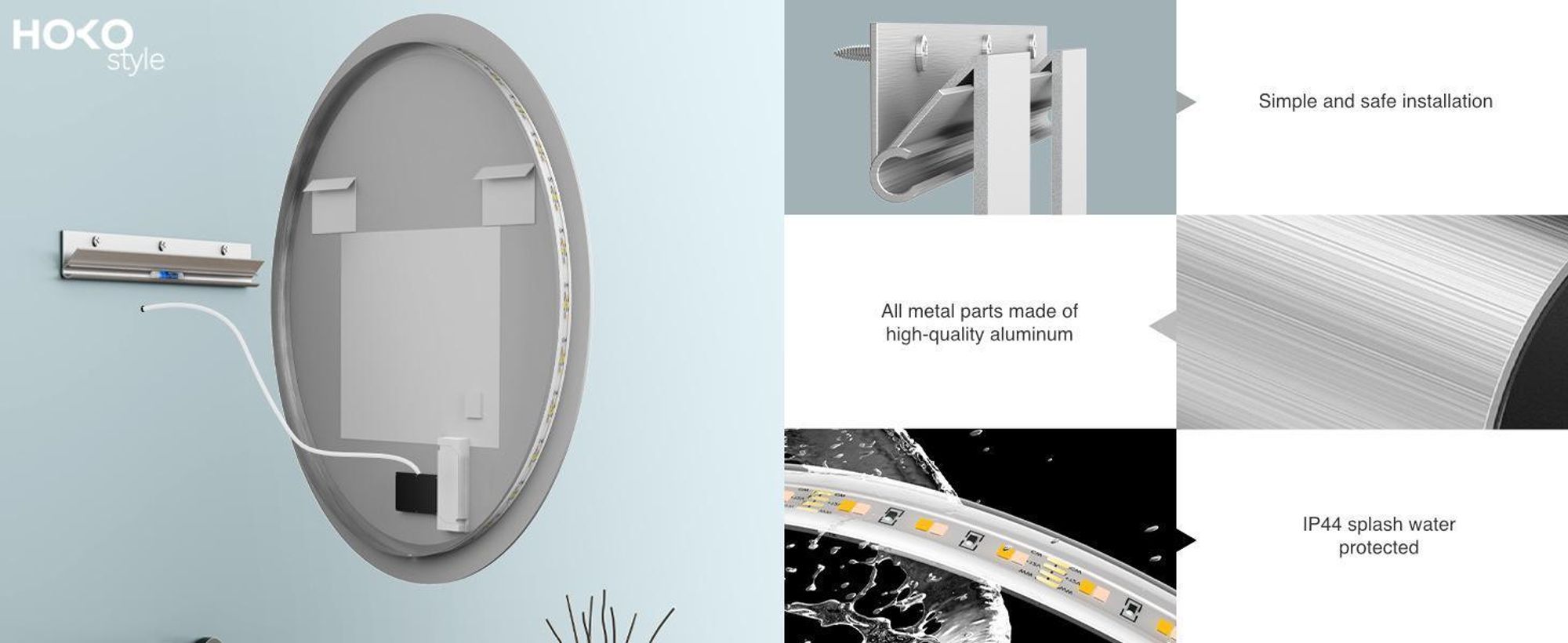 HOKO Miroir de salle de bain LED anti-buée rond 80cm+LED alternance blanc chaud/blanc froid/neutre 2700-6500K. Lumière allumable par interrupteur tactile/interrupteur mural. Fribourg