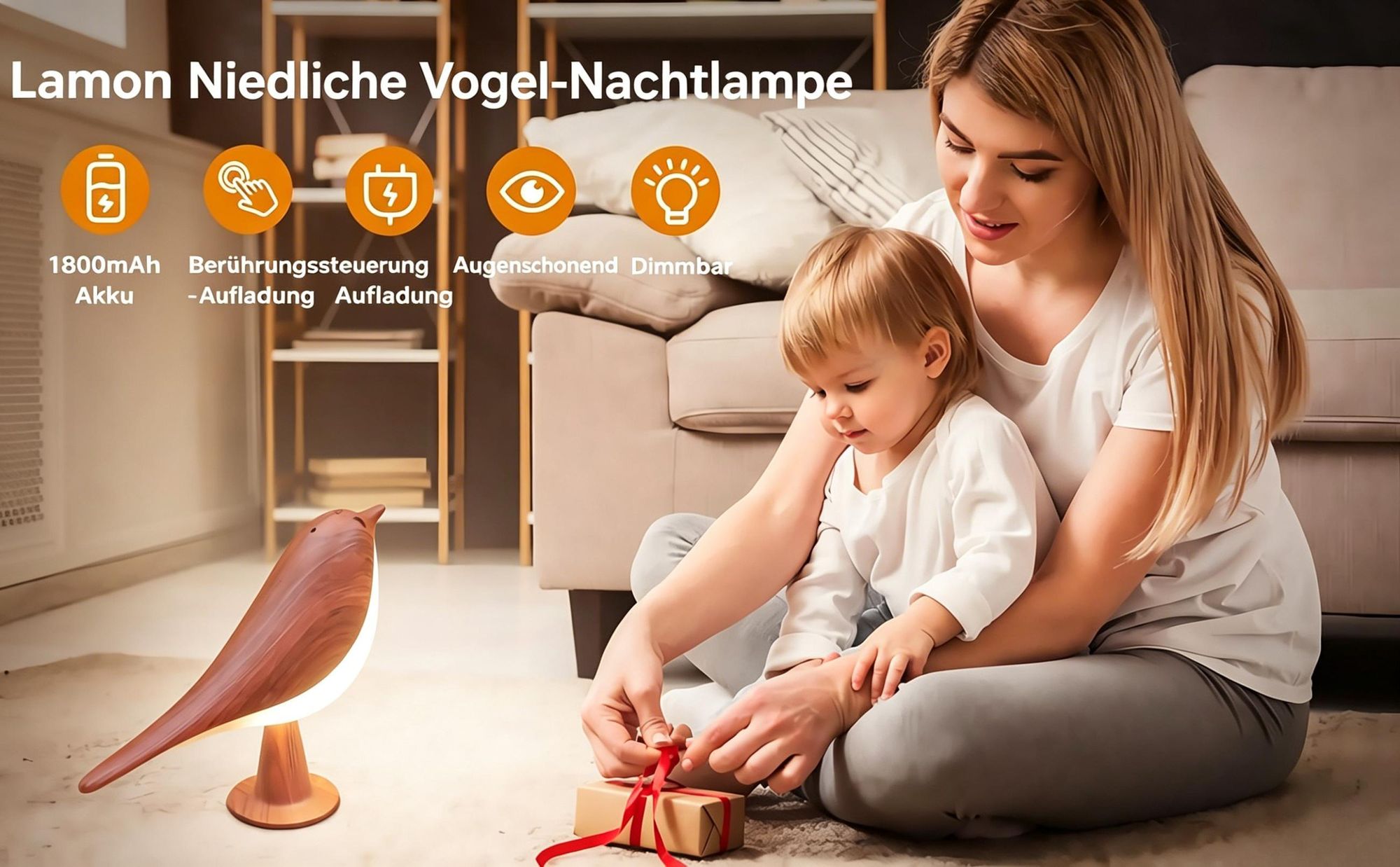 15cm Braun Vogel LED Nachtlicht, USB -Ladung Nachttischlampe Tragbare Nachtlicht, Aromatherapie Diffusor, Kabellos Berührung dimmbar, Campinglampen