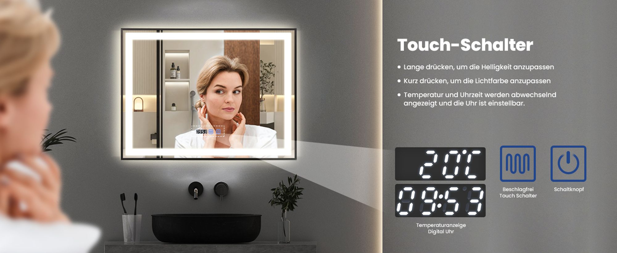 Puluomis Badspiegel 80x60 beschlagfrei mit 3 Farbe Beleuchtung, dimmbare Helligkeit, Badezimmerspiegel mit Digitaluhr, Temperatur schwarz