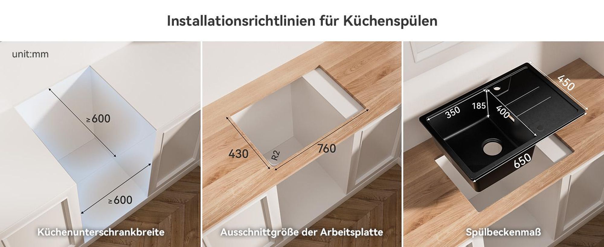 Granitspüle & Küchenspüle 65 x 45 cm, pflegeleichte Küchenspüle, Hitzebeständig Kratzfest, Einbauspüle Schwarz, Cecipa Spülbecken mit Korb