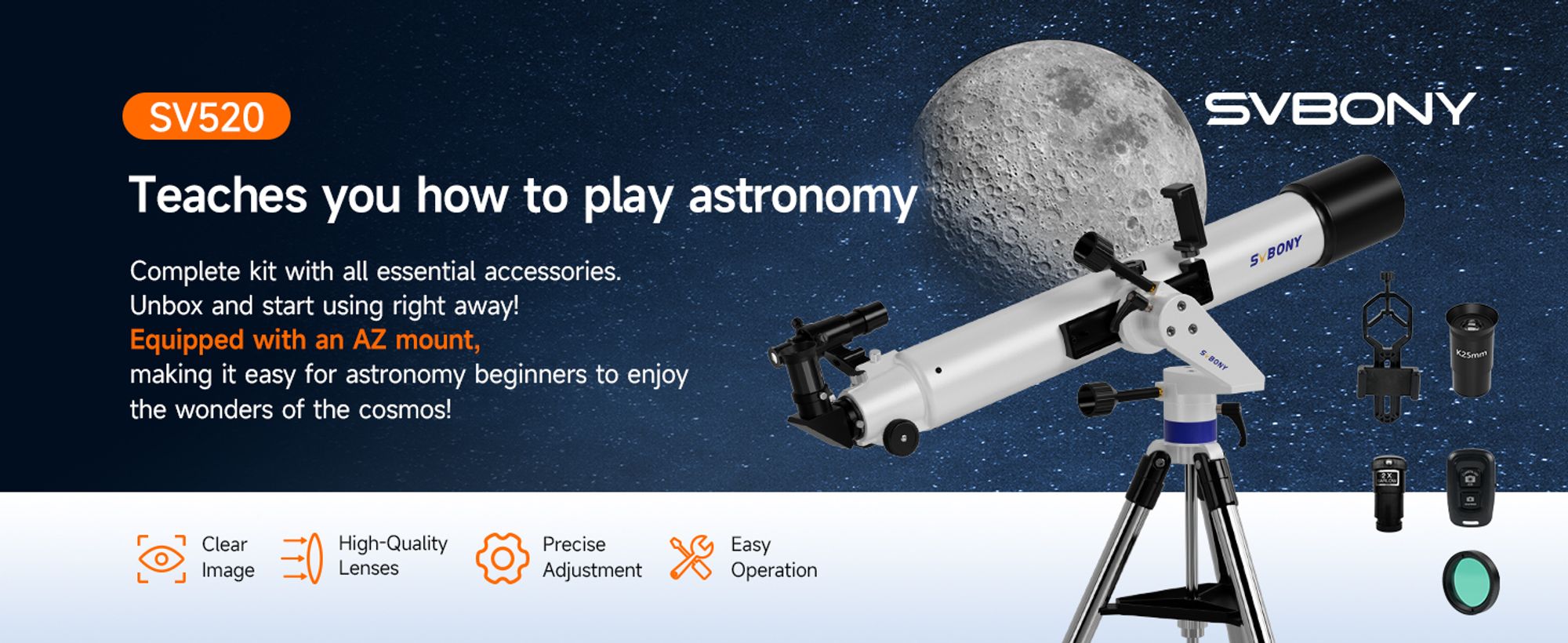 Svbony SV520 Teleskop, Astronomie Teleskop mit Altazimut-Montierung, 90mm Öffnung, 800 mm Brennweite, Teleskop-Kit für Kinder,Erwachsene