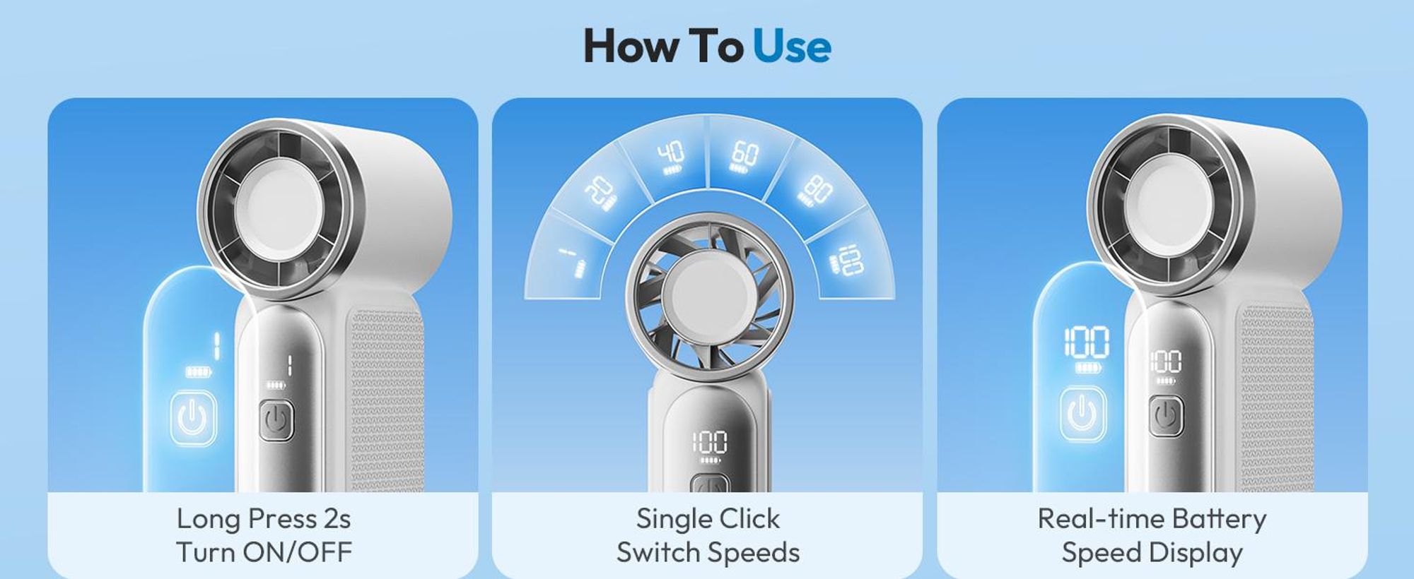 Handventilator, Tragbarer Faltbarer USB Lüfter, 5 Windgeschwindigkeit Mini Ventilator Hand Ventilatoren mit 3000mAh Akku