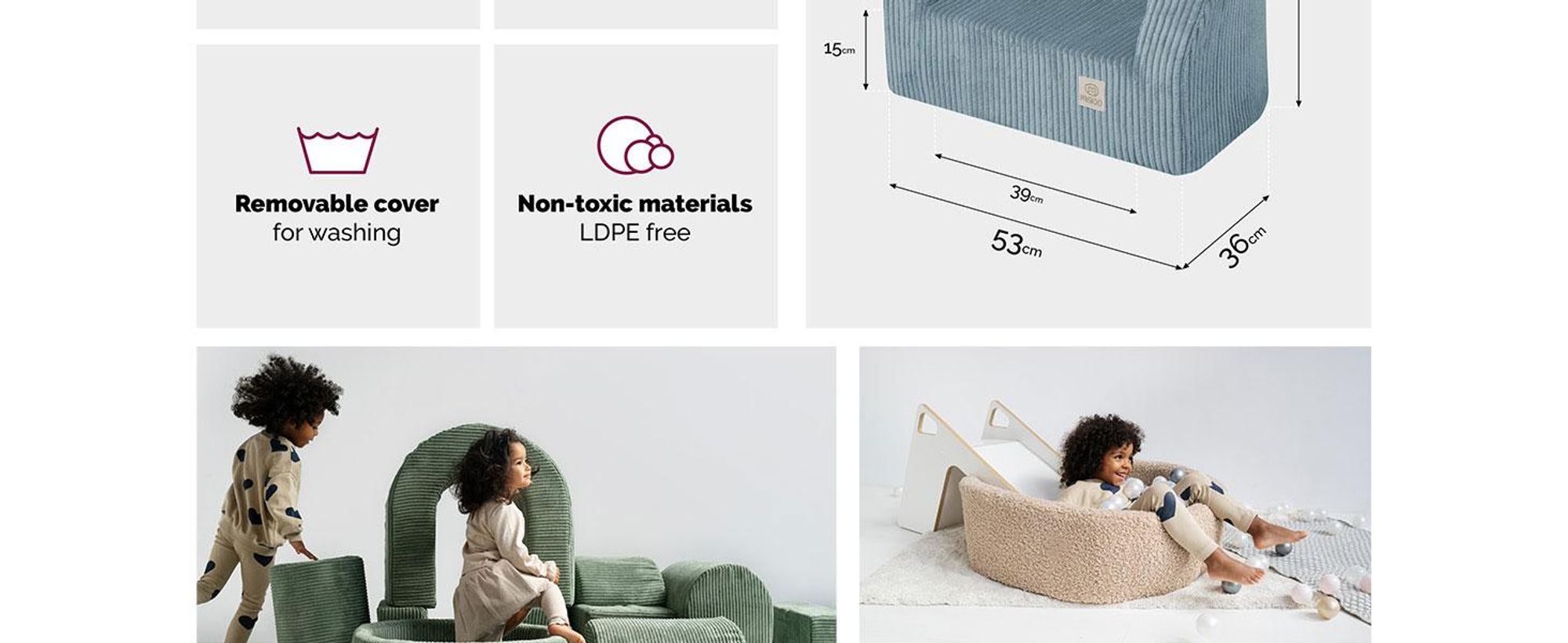 MISIOO Dětské křeslo od 1 roku - Dětské křeslo Corduroy Premium - stabilní a měkké - ergonomicky polstrované - 40x53x36 cm