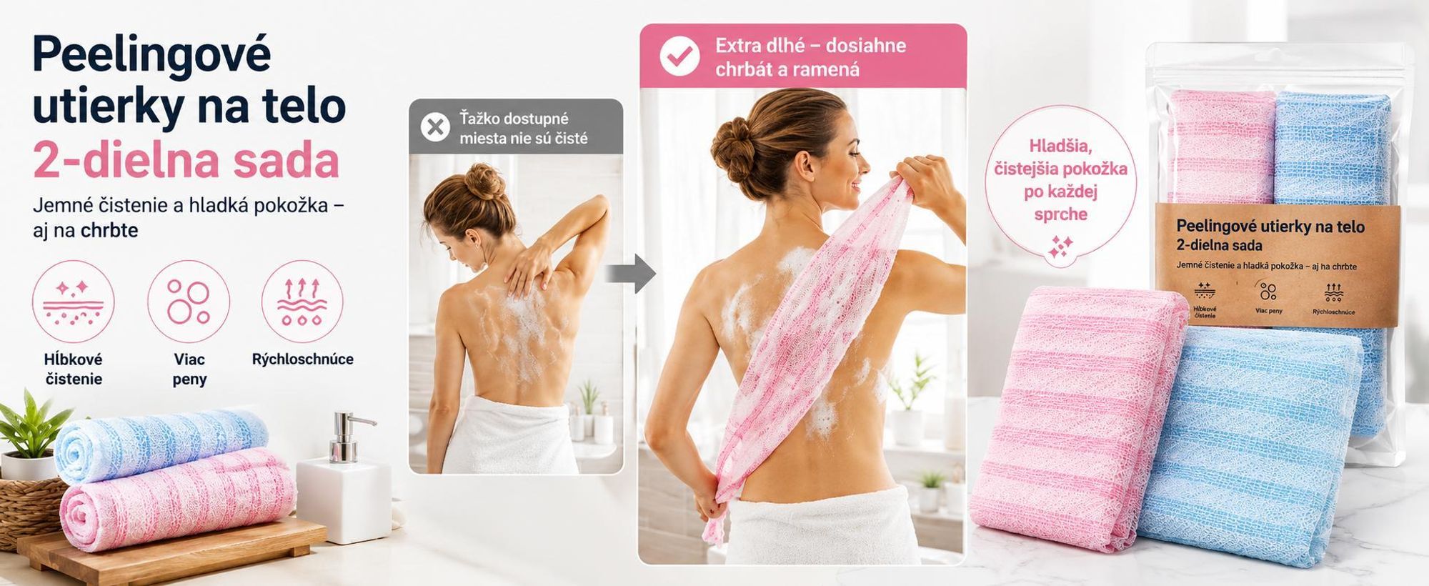 Sada 2 ks telových utierok na peeling 100 x 25 cm, utierka na peeling z poréznych nylonových vlákien, sprchová utierka na peeling – EXFOLIOR