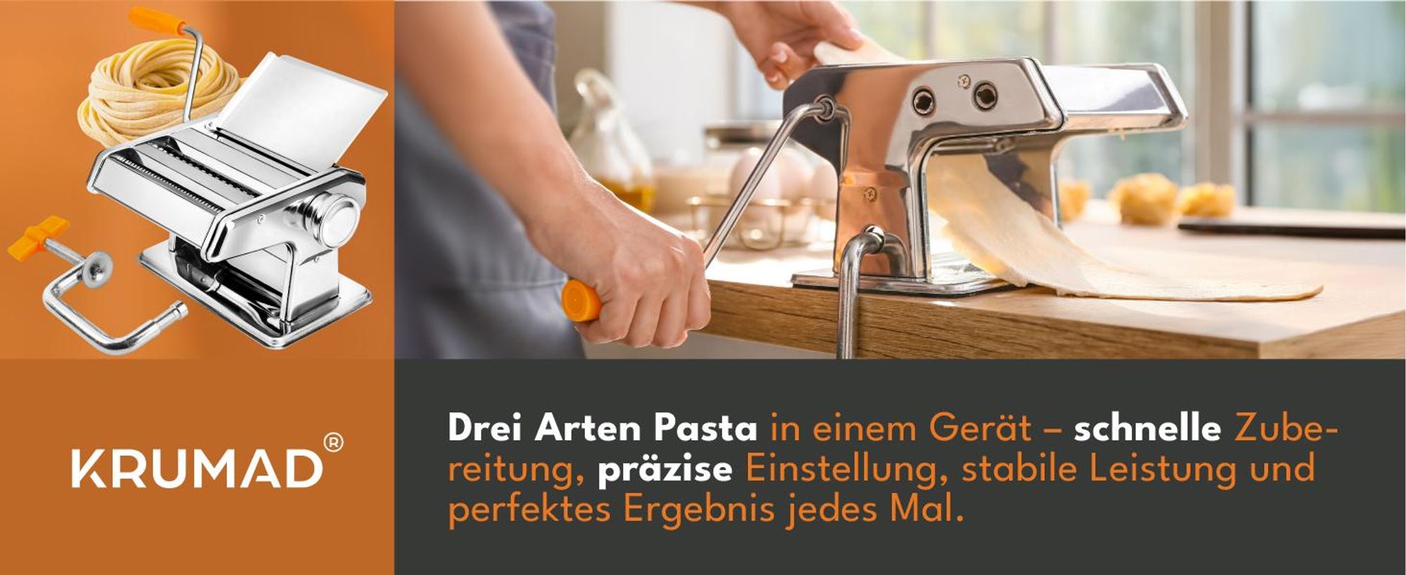 KRUMAD Nudelmaschine manuell 6 Teigdicken, 2 Walzenaufsätze für Spaghetti & Tagliatelle, Edelstahl, kompakt, inkl. Tischklemme & Zubehör, Silber