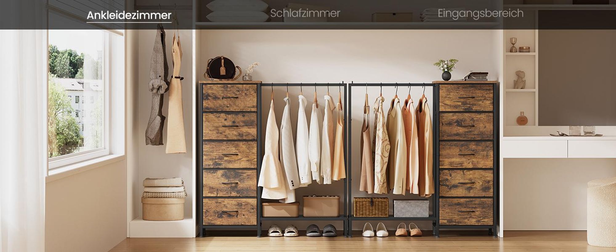 SONGMICS 3-in-1 Garderobenständer mit 5 Schubladen und Kleiderstange, 96,2 x 30 x 117,7 cm, Tan