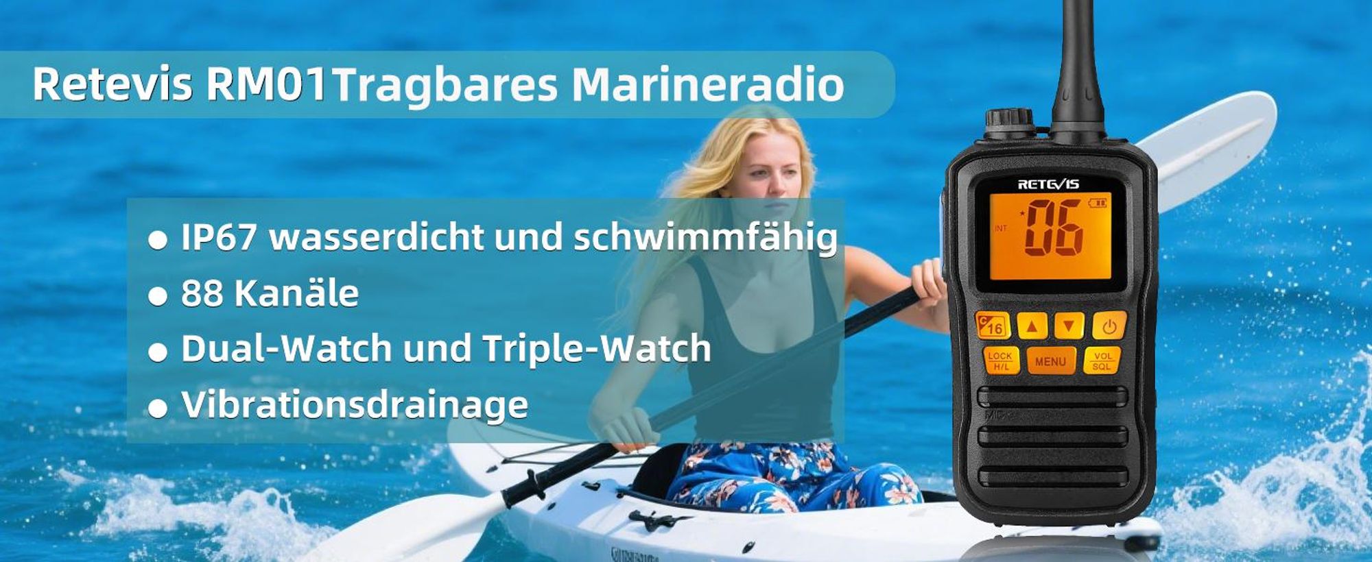 Retevis RM01 Marine Walkie Talkie, IP67 Wasserdichtes Handfunkgerät, Vibration, Schwebend 88 Kanäle Handfunkgerät zum KajakfahrenAngeln Bootfahren (Schwarz, 1 Stück)