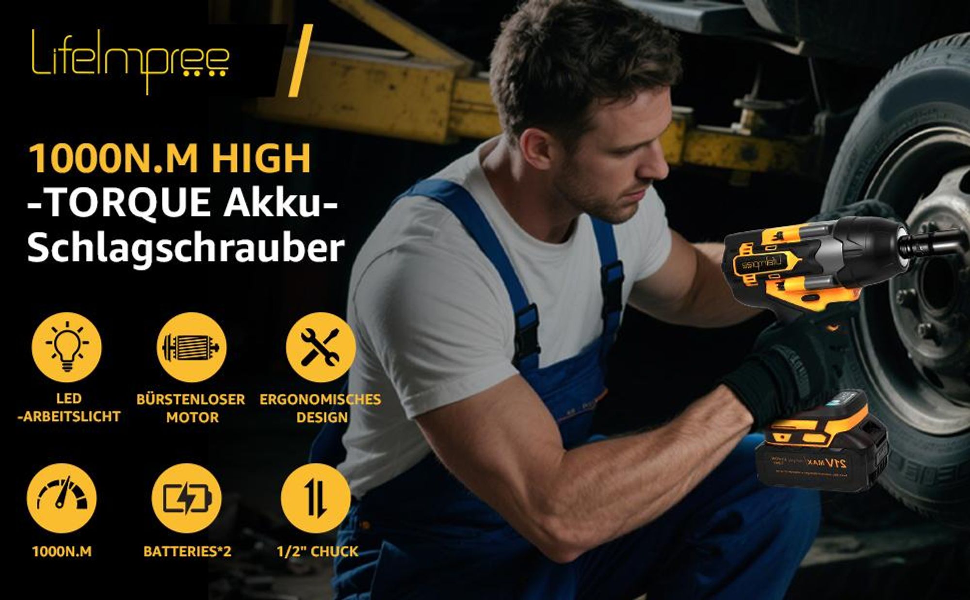 LifeImpree Akku-Schlagschrauber 1000 Nm, Bürstenlos, 3-Gang & AutoStop, inkl. Doppelakku, LED-Anzeige und Transportbox, Gelb