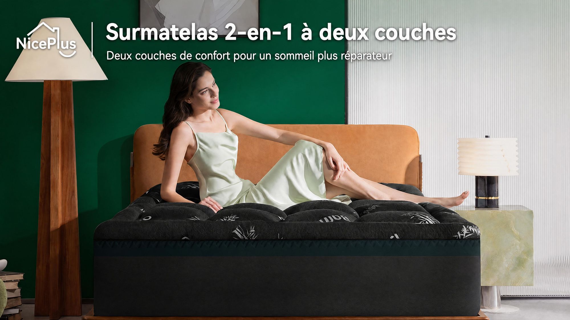 NicePlus, surmatelas 2 en 1, 120x200x7 cm, mousse à mémoire de forme à 5 zones + garniture supérieure en bambou, avec élastiques d'angle pour tous les matelas, fermeté H2/H3, couleur noire