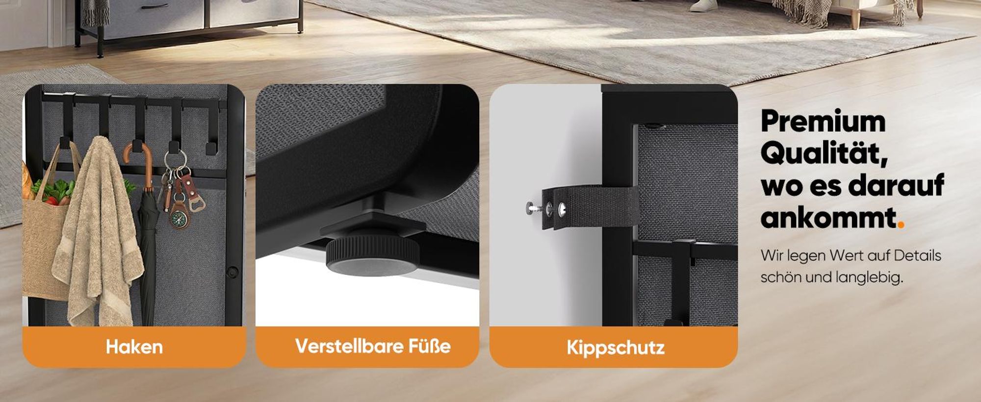 HOKEEPER Kommode, Chest of Drawers, 7 Schubladen aus Stoff mit Griffen, Komodenschrank Schlafzimmer mit Holzplatte, Sideboard Flur für Küche Büro