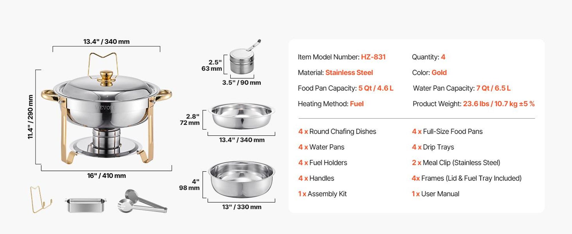 VEVOR Warmhalteteller Buffet Set, 5 Qt 4er Pack, Edelstahl Chafing Dish mit 4 Vollformat-Pfannen, runder Catering-Wärmer mit Deckel, Wasserpfanne, klappbarer Ständer und Clip, für Hochzeiten, Partys, Bankette, Silber, Gold-4-teilig
