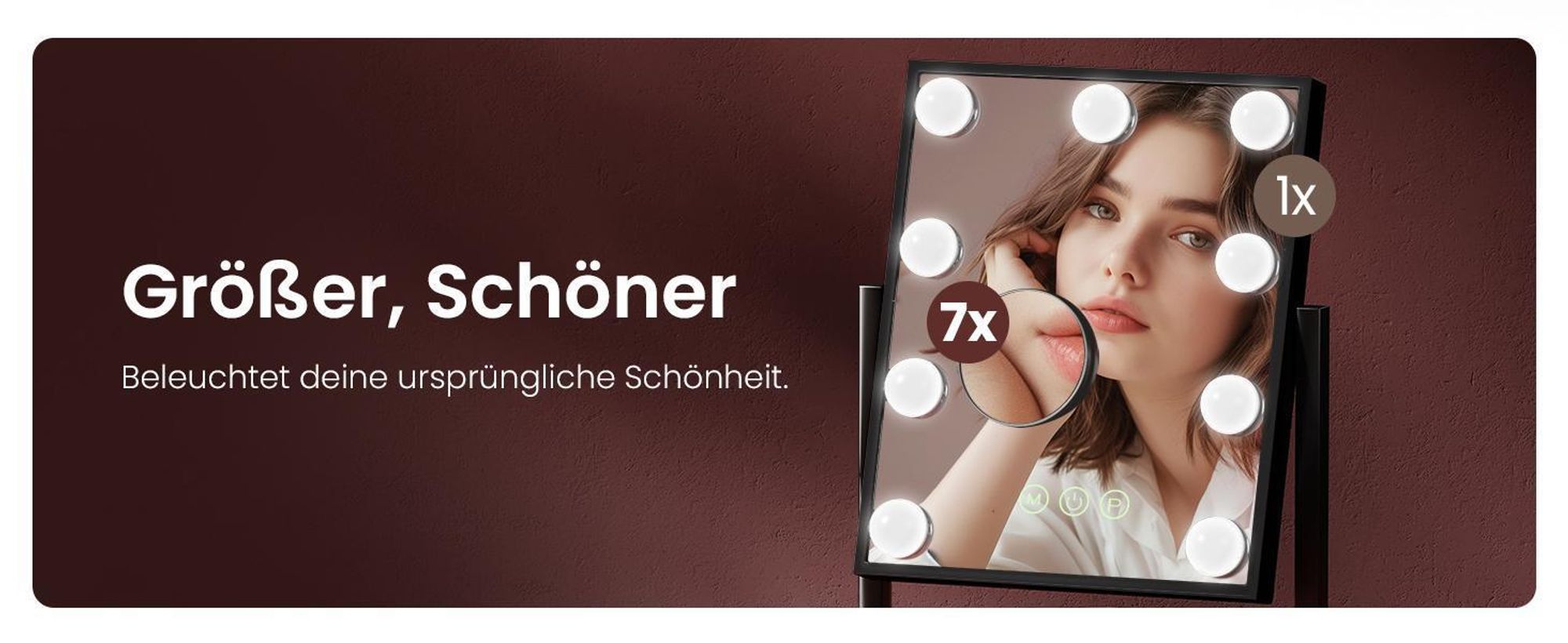 EMKE Hollywood Kosmetikspiegel 85x364x475mm mit 7x Vergrößerungsspiegel, Schwarz Schminkspiegel mit intelligent Touchscreen und 3 Lichtfarben, 12 Dimmer-LED-Leuchten, 360° drehbar und Memory-Funktion
