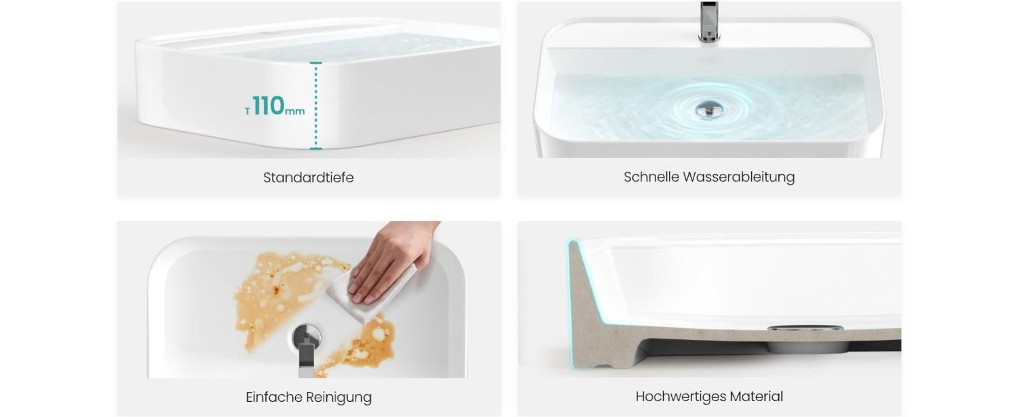 EMKE Aufsatzwaschbecken Keramik Waschbecken Hängewaschbecken Eckiger Waschtisch 700×110×400 mm Weiß Mit Hahnloch