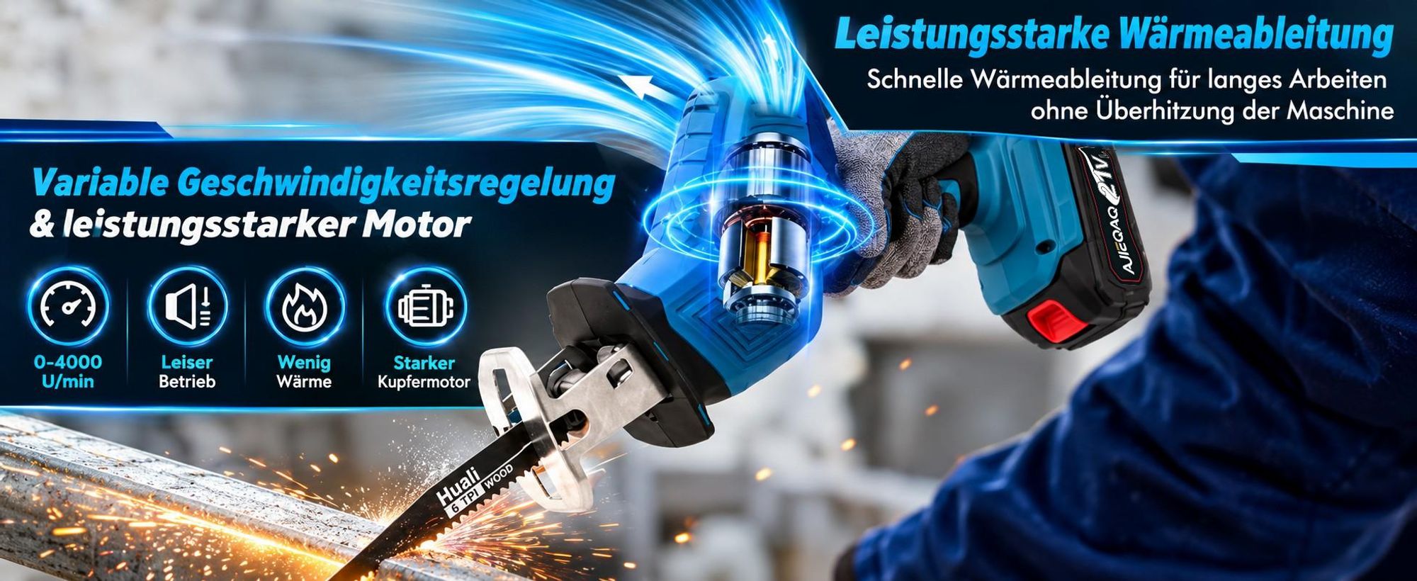 Akku-Säbelsäge 21V Brushless, Cordless Reciprocating Saw mit 2×2,0Ah Akku, 0–4000 U/min, 4 Sägeblätter, für Holz, Metall, PVC & Äste