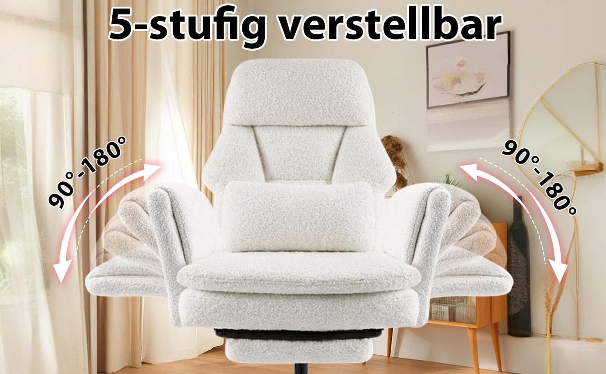 Bürostuhl mit Fußstütze, 135° Verstellbarer Schlafsessel, Teddy-Polstersessel mit ausklappbaren Armlehnen, drehbarer Loungesessel auf Rollen für Lesen