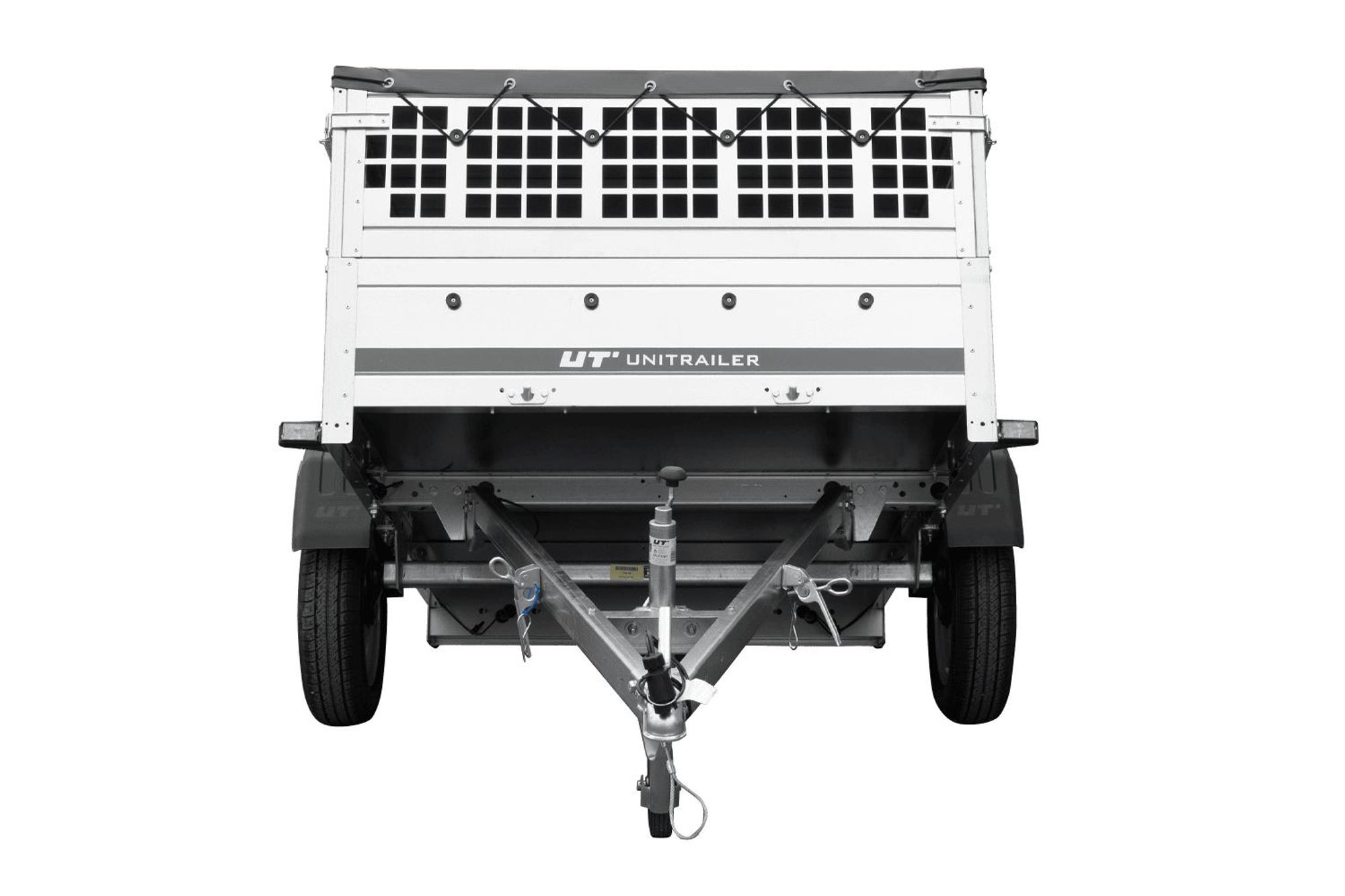 PKW-Anhänger 200x125 UNITRAILER GARDEN 201 KIPP mit Gitteraufsatz und grauer Flachplane